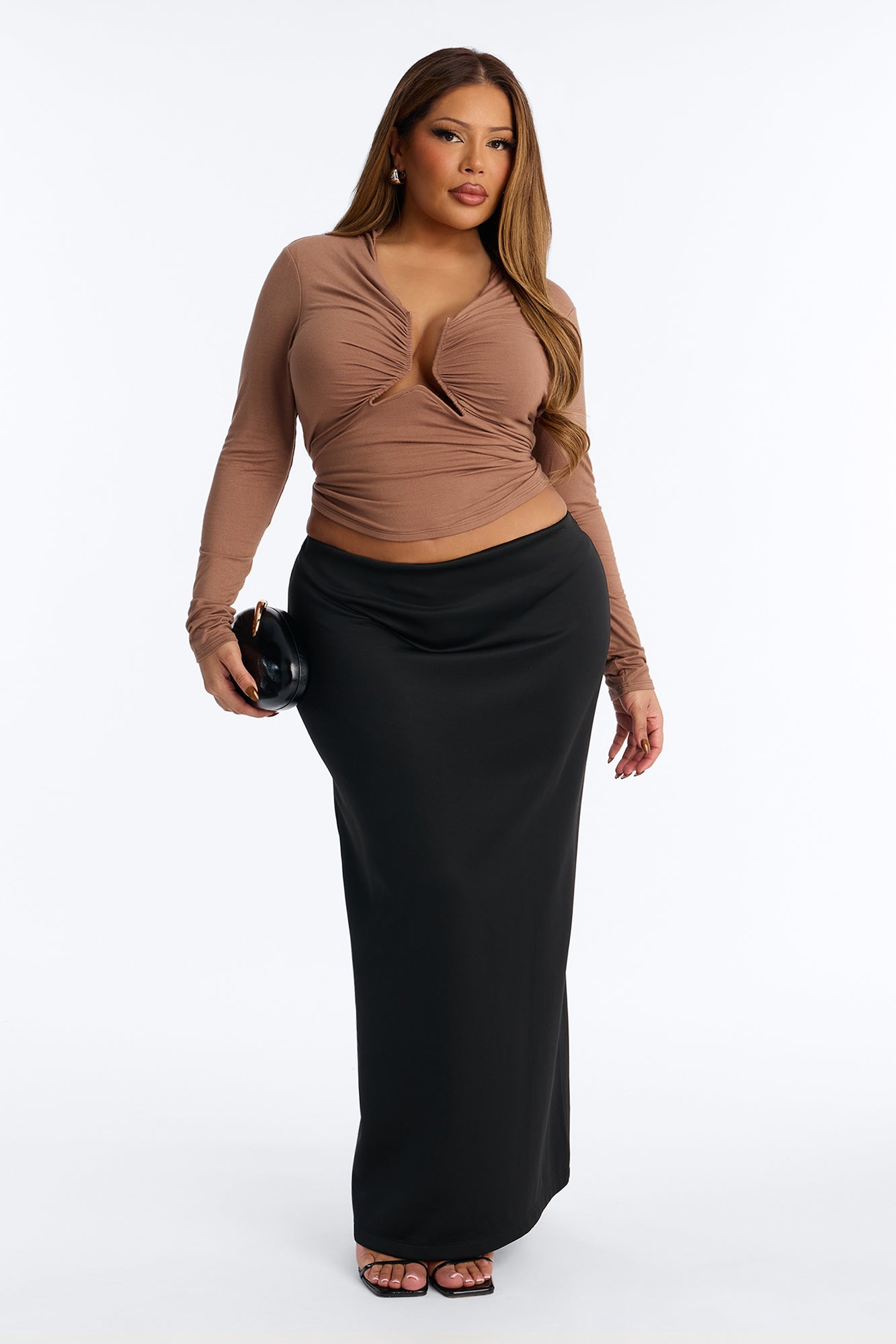 Soft Focus Ruched Long Sleeve Top - Mocha