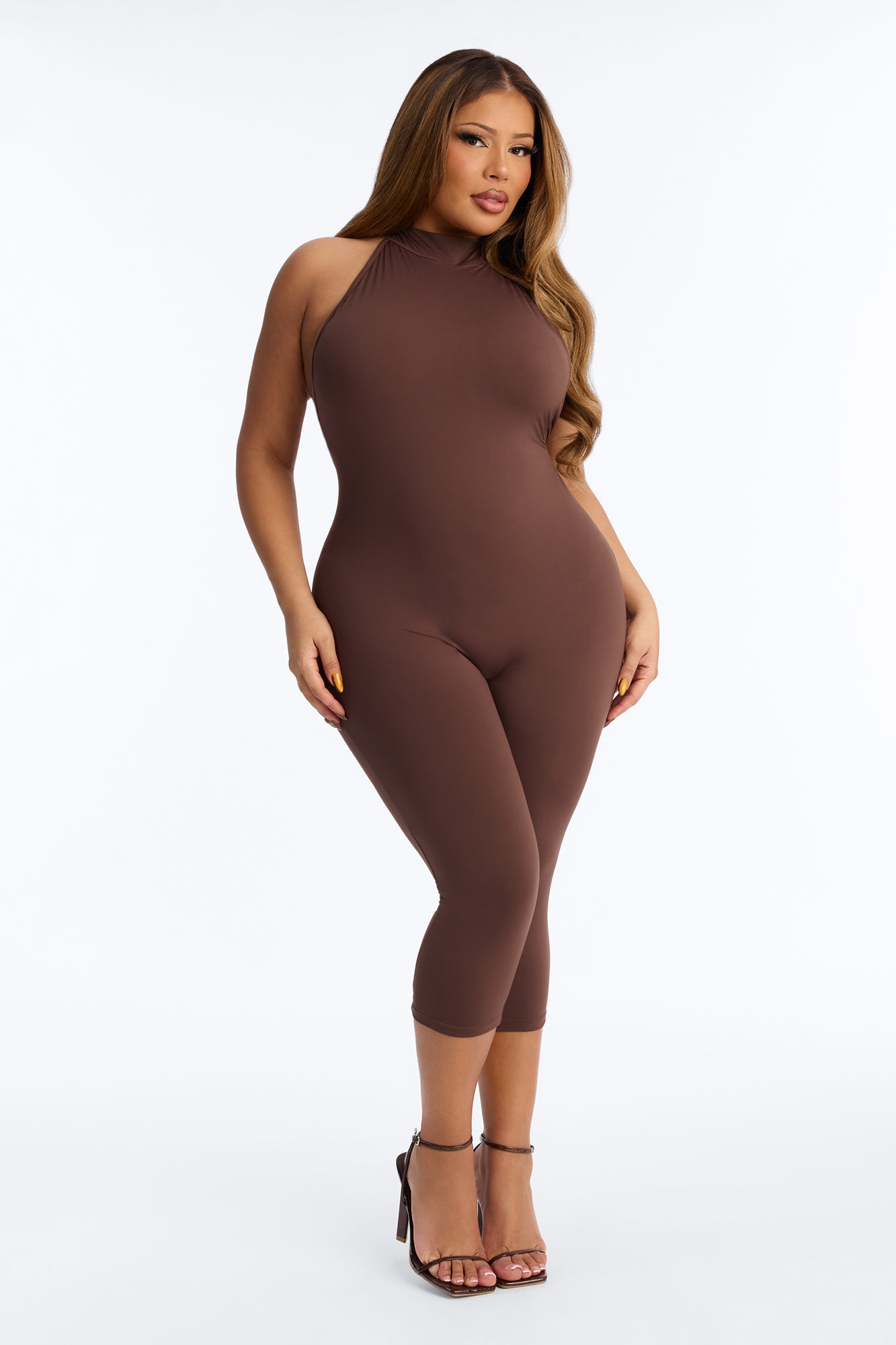 Isa High Neck Backless Capri Catsuit - Chocolate