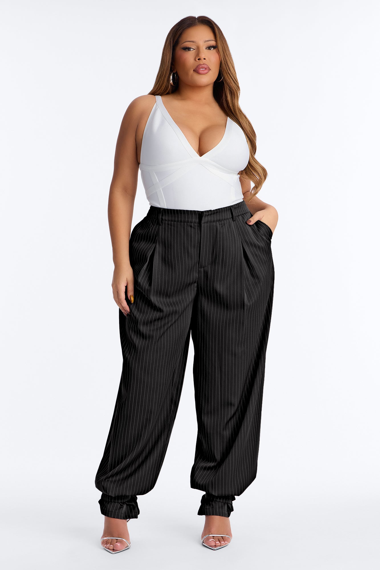 Never Settle Pinstripe Adjustable Cuff Trouser Pants 33″ - Black/White