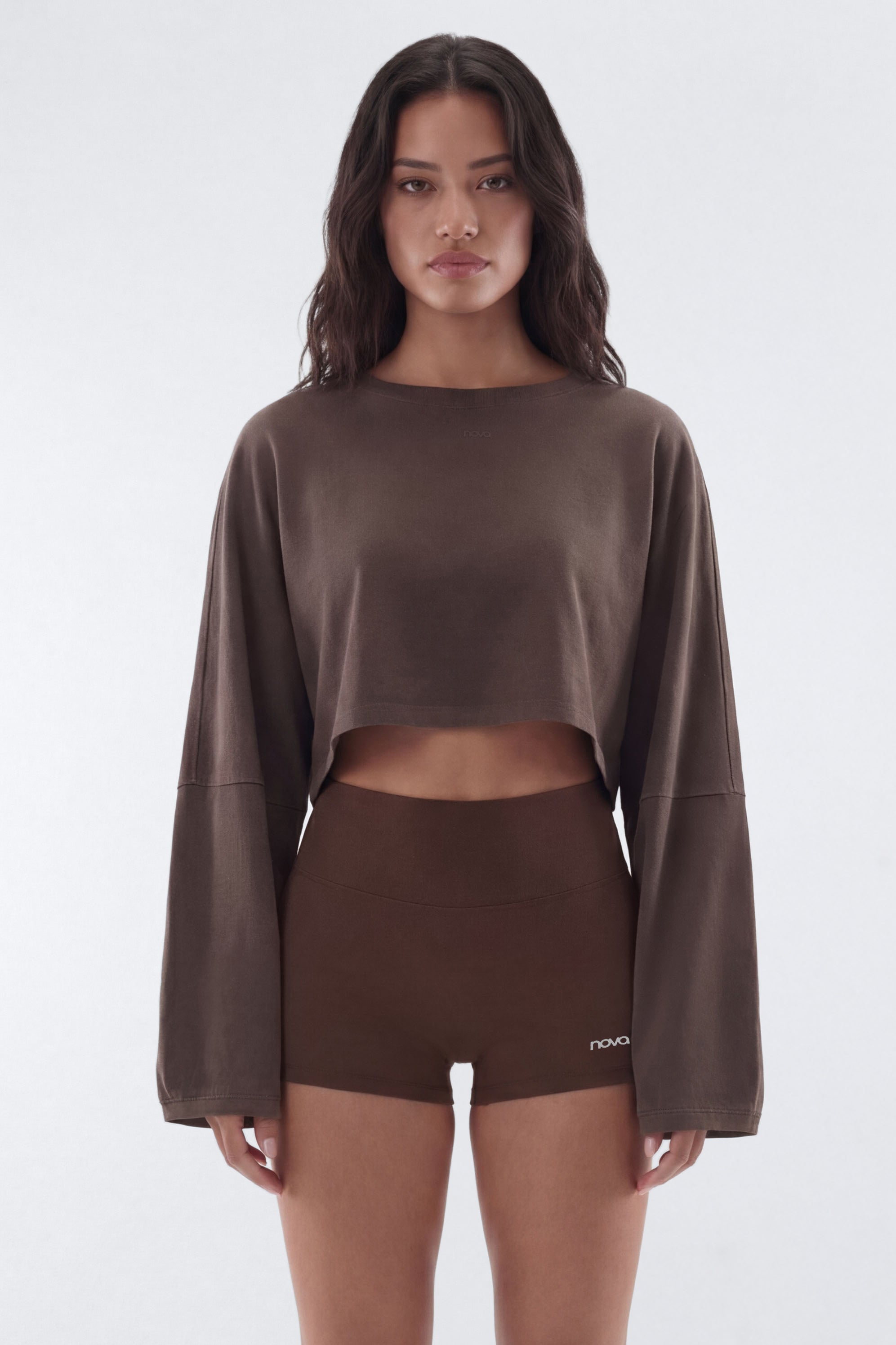 Cotton Jersey Long Sleeve Cropped Top - Brown