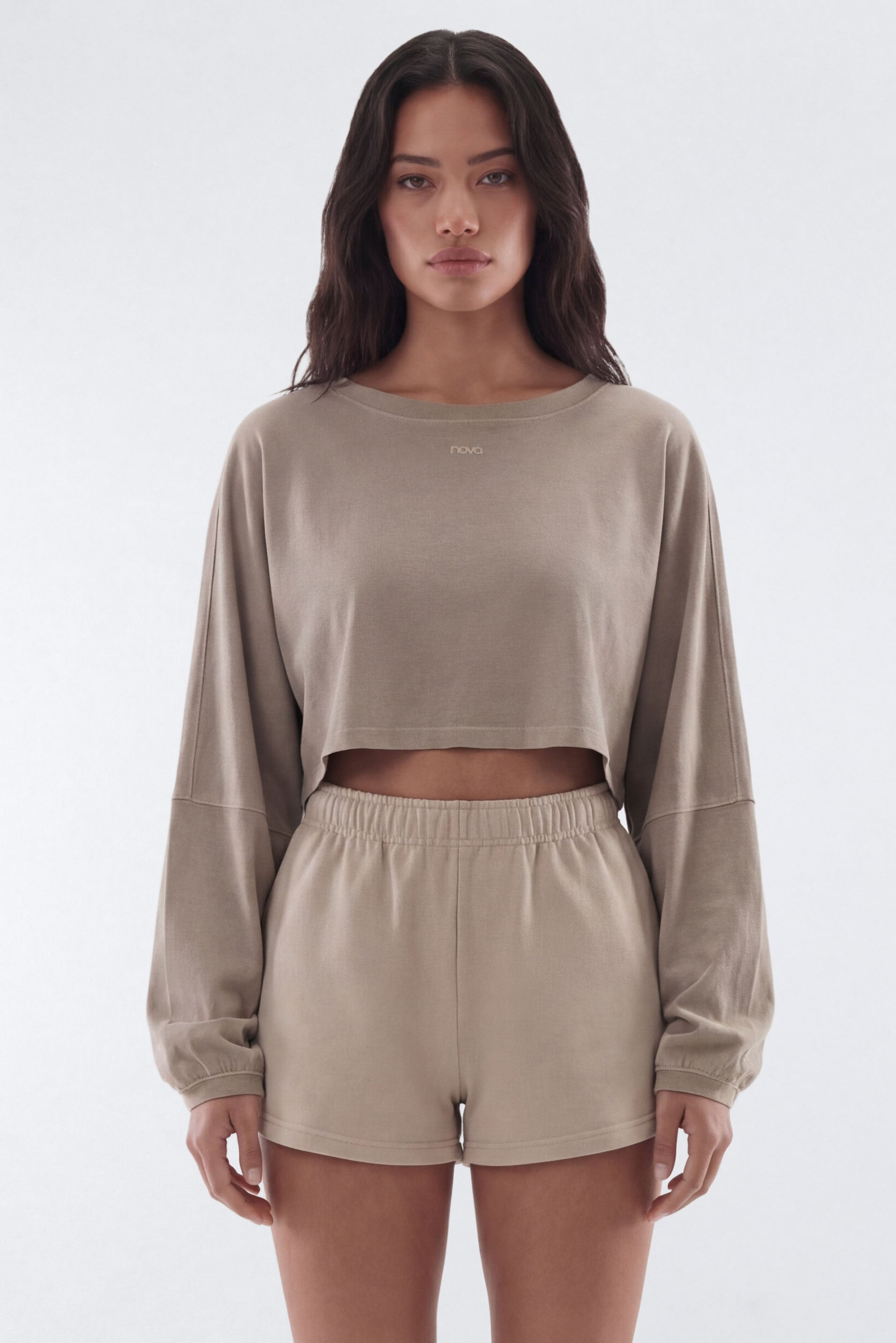 Cotton Jersey Long Sleeve Cropped Top - Taupe