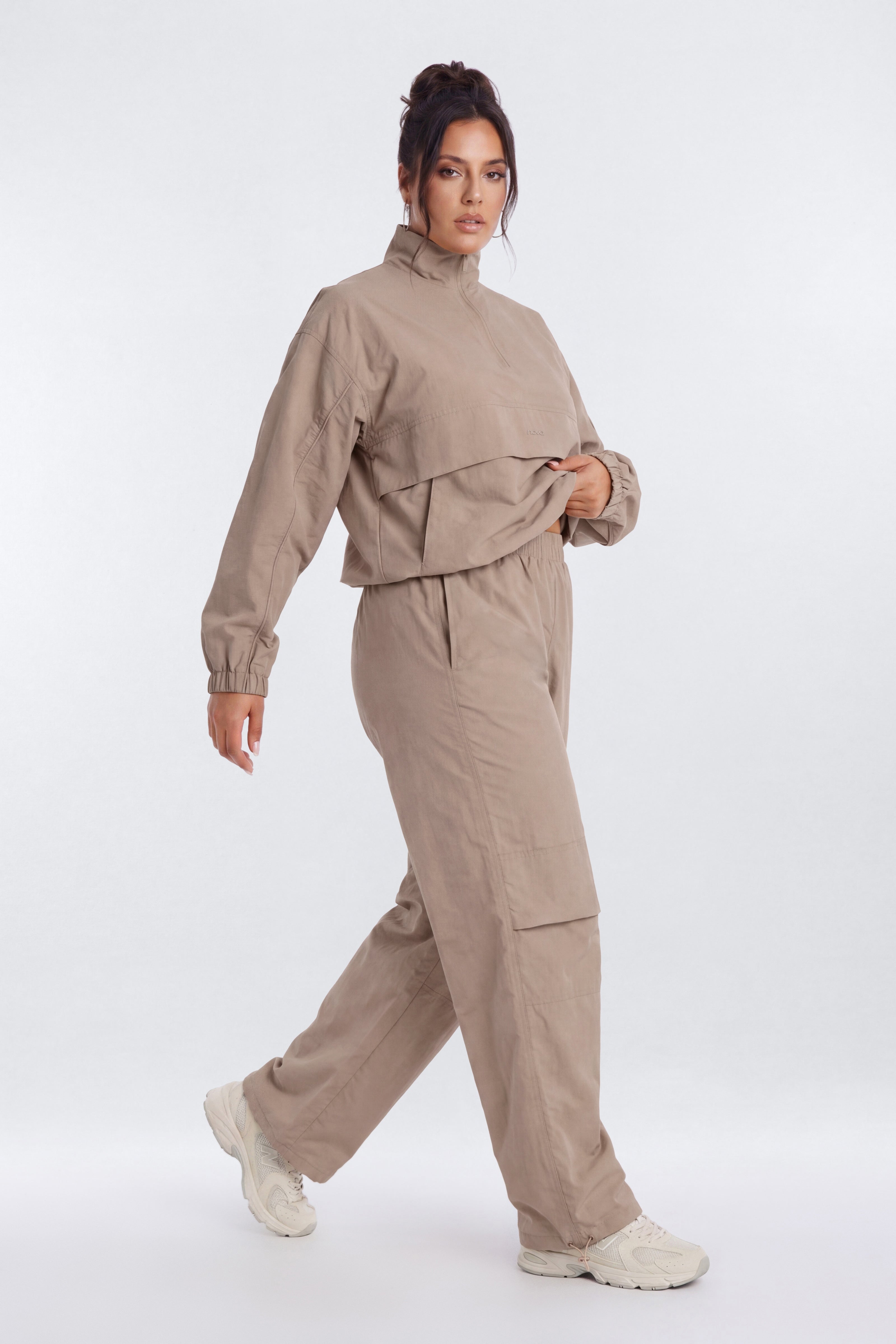 CoreNylon 32″ Wide Leg Track Pant - Taupe