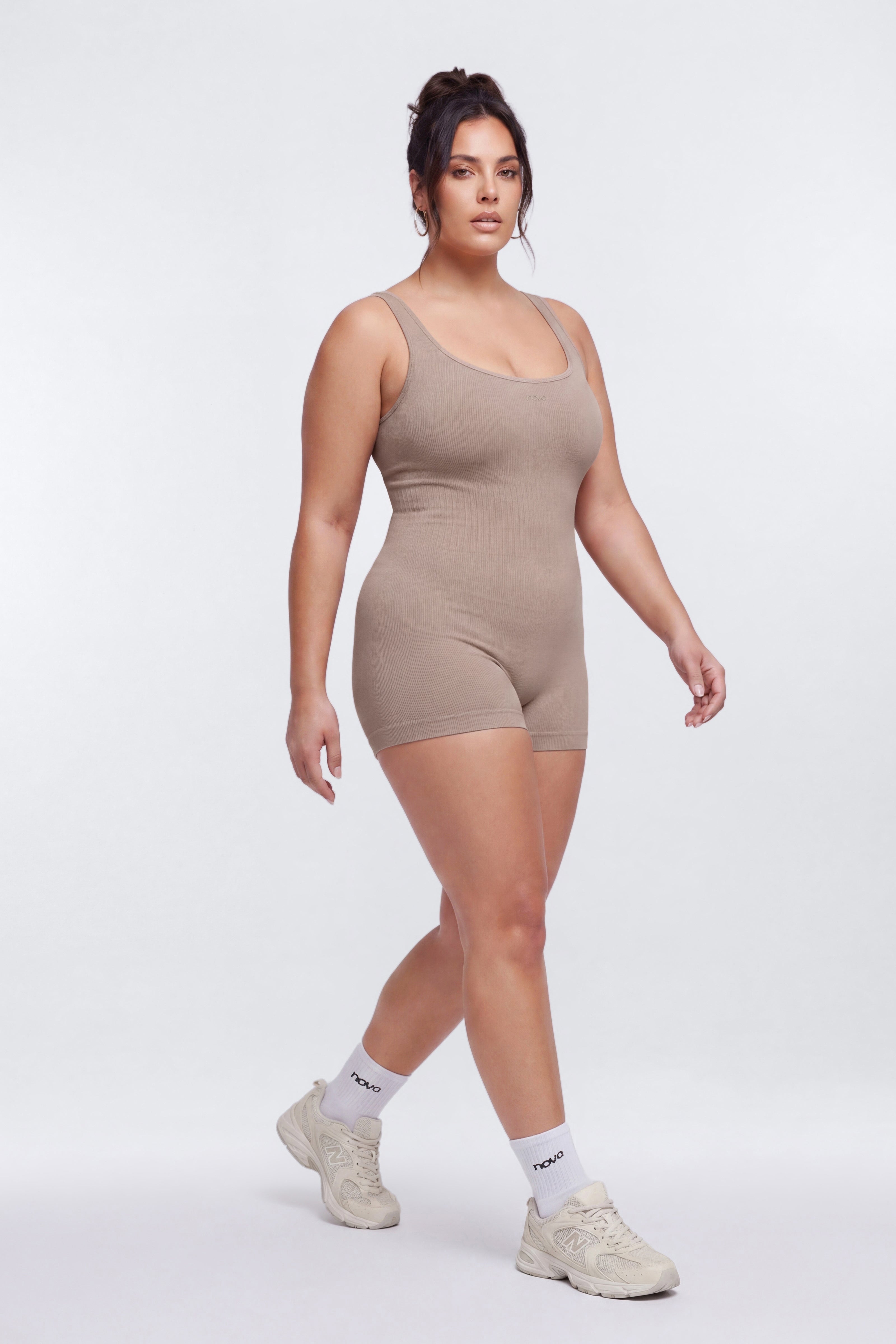 CottonFlex™ Low Back Sports Romper - Taupe
