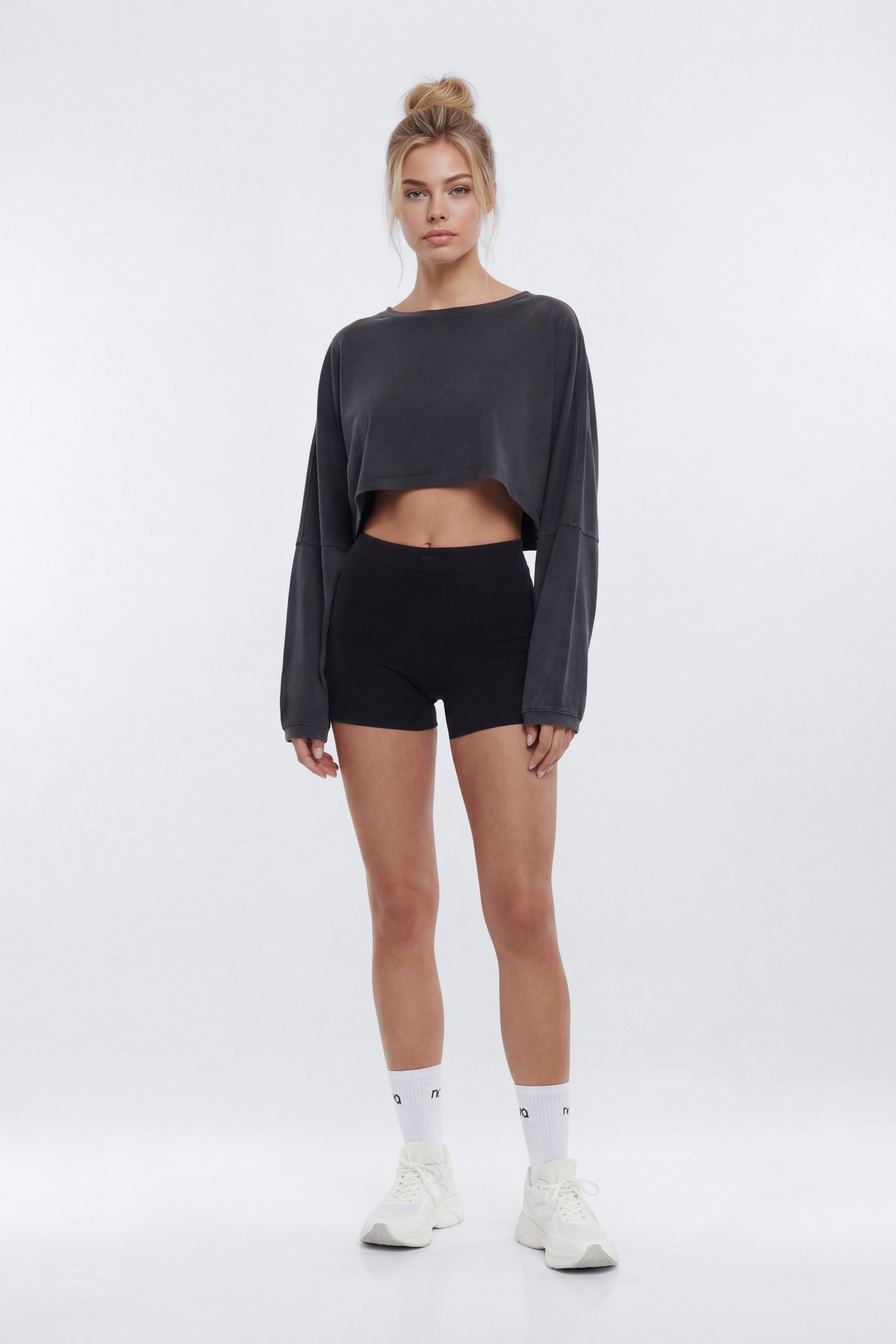 Cotton Jersey Long Sleeve Cropped Top - Charcoal