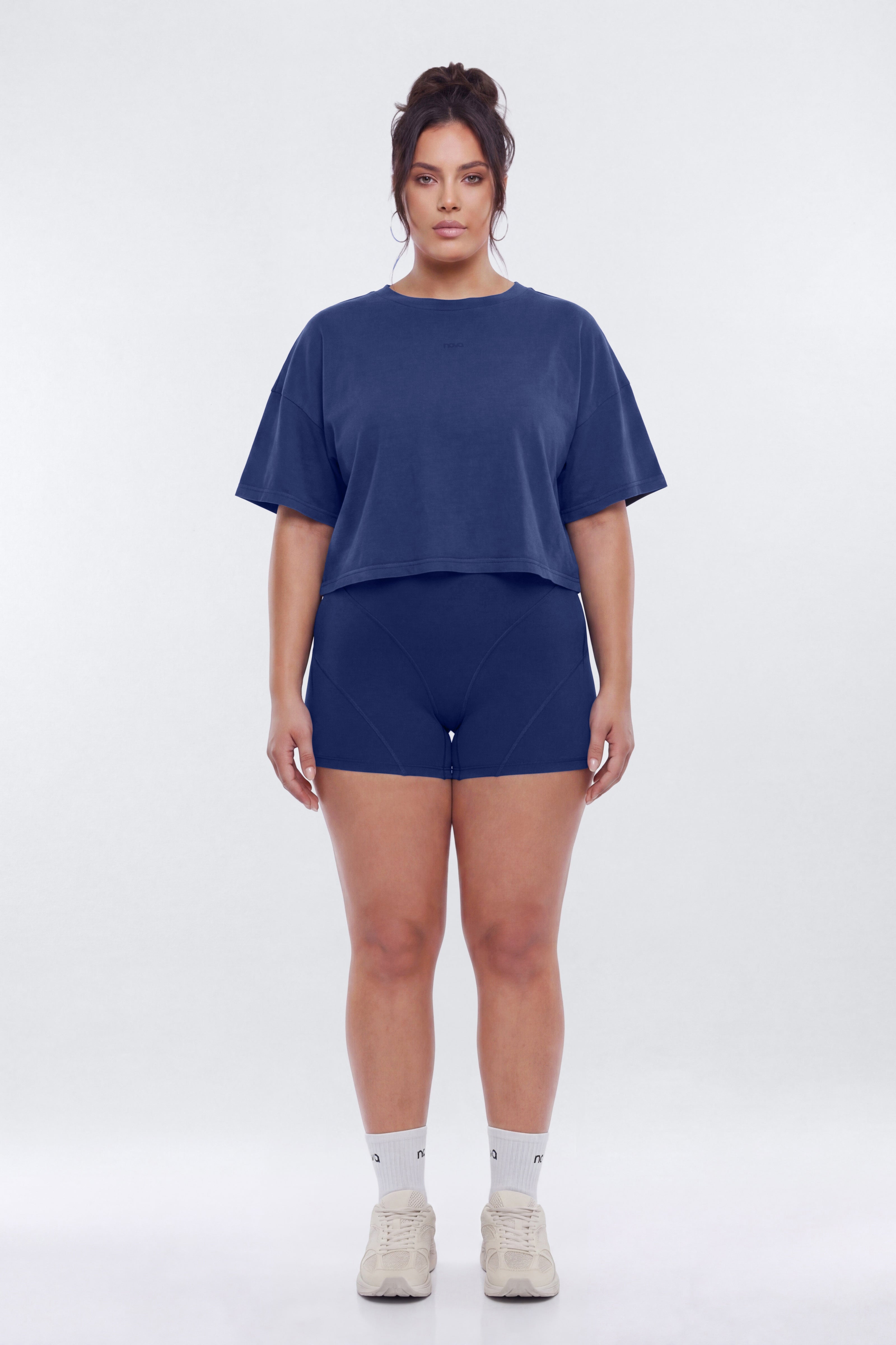 Cotton Jersey Boxy Short Sleeve Top - Navy