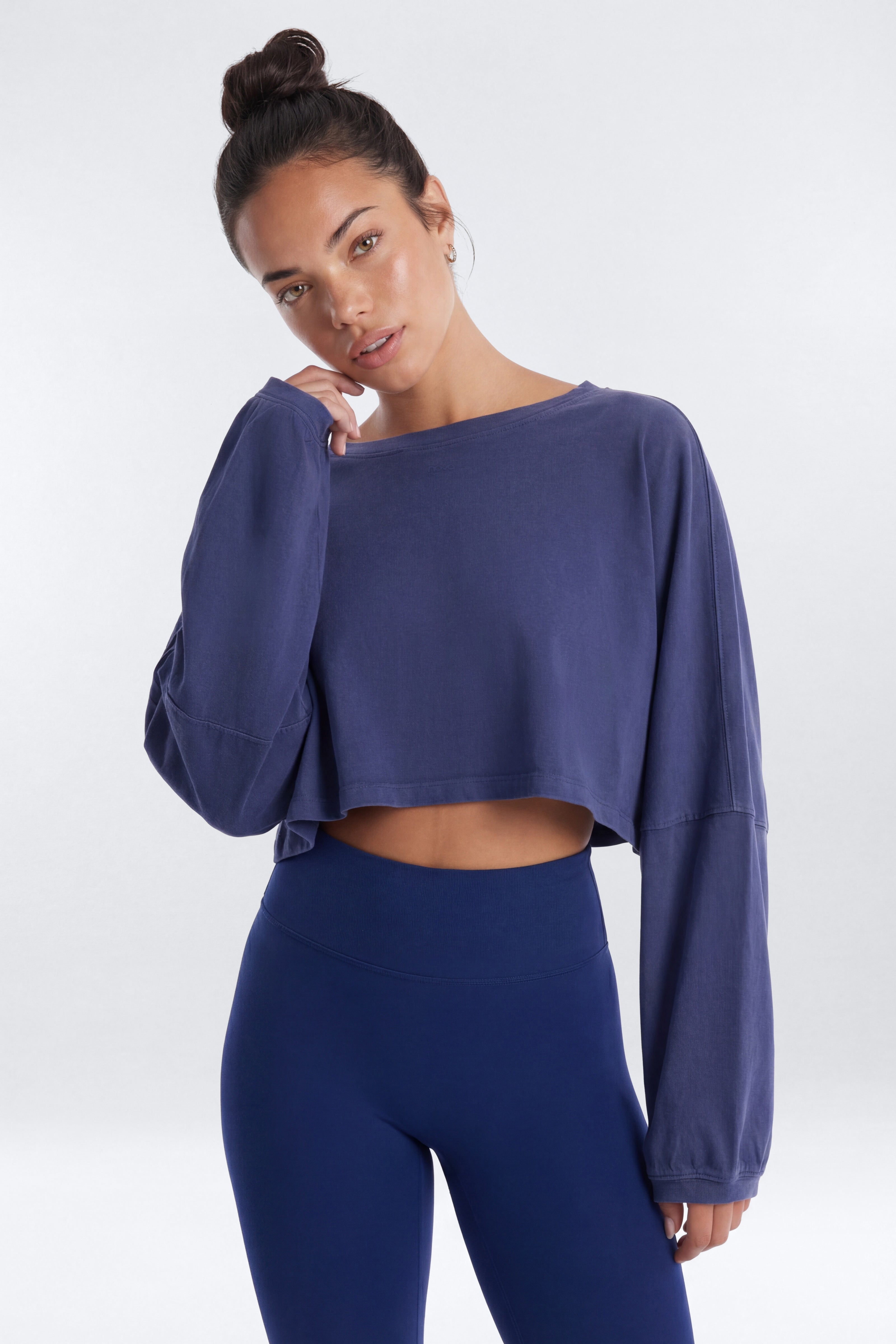 Cotton Jersey Long Sleeve Cropped Top - Navy