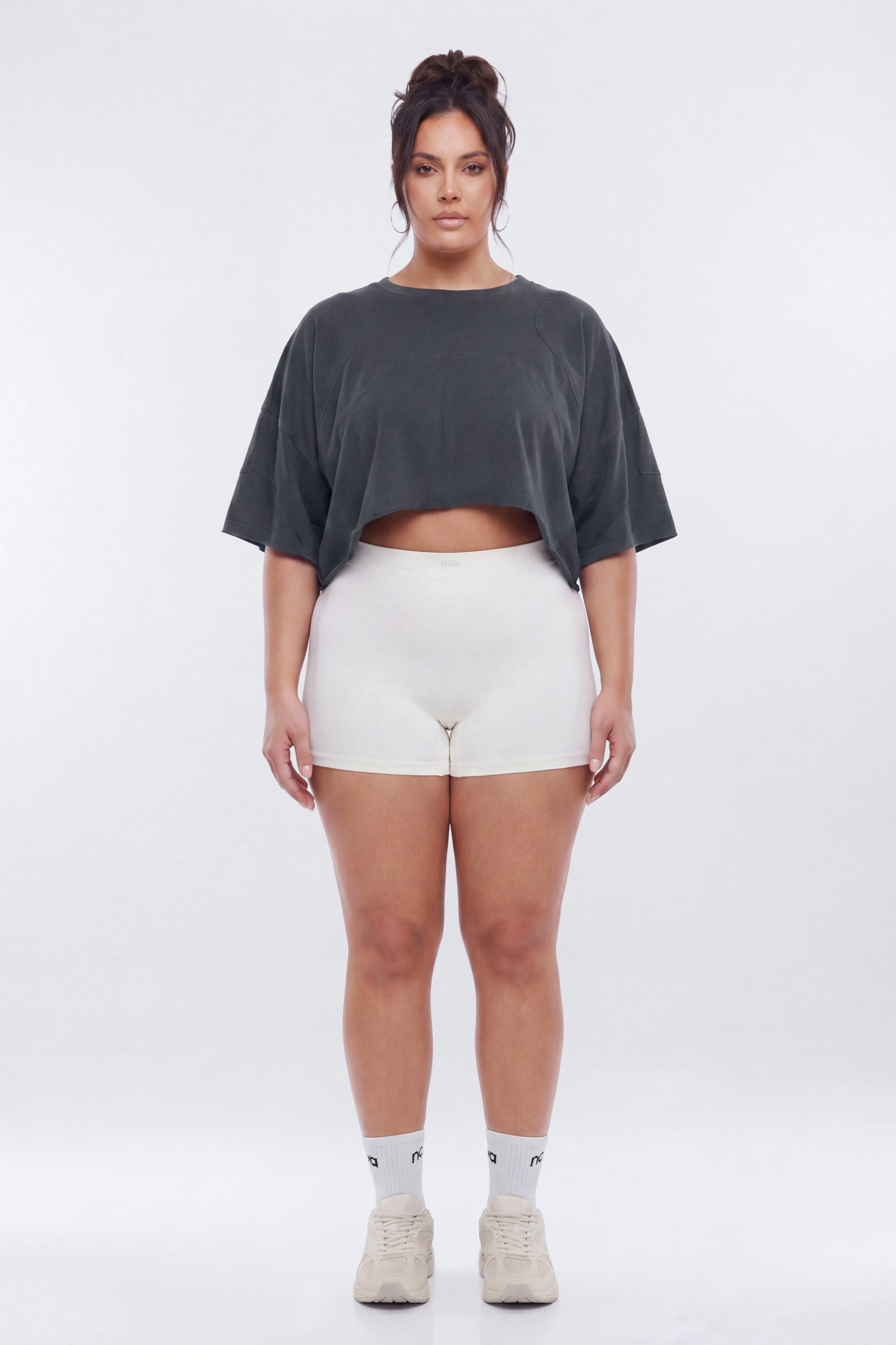Cotton Jersey Oversized Stitched Short Sleeve Top - Charcoal