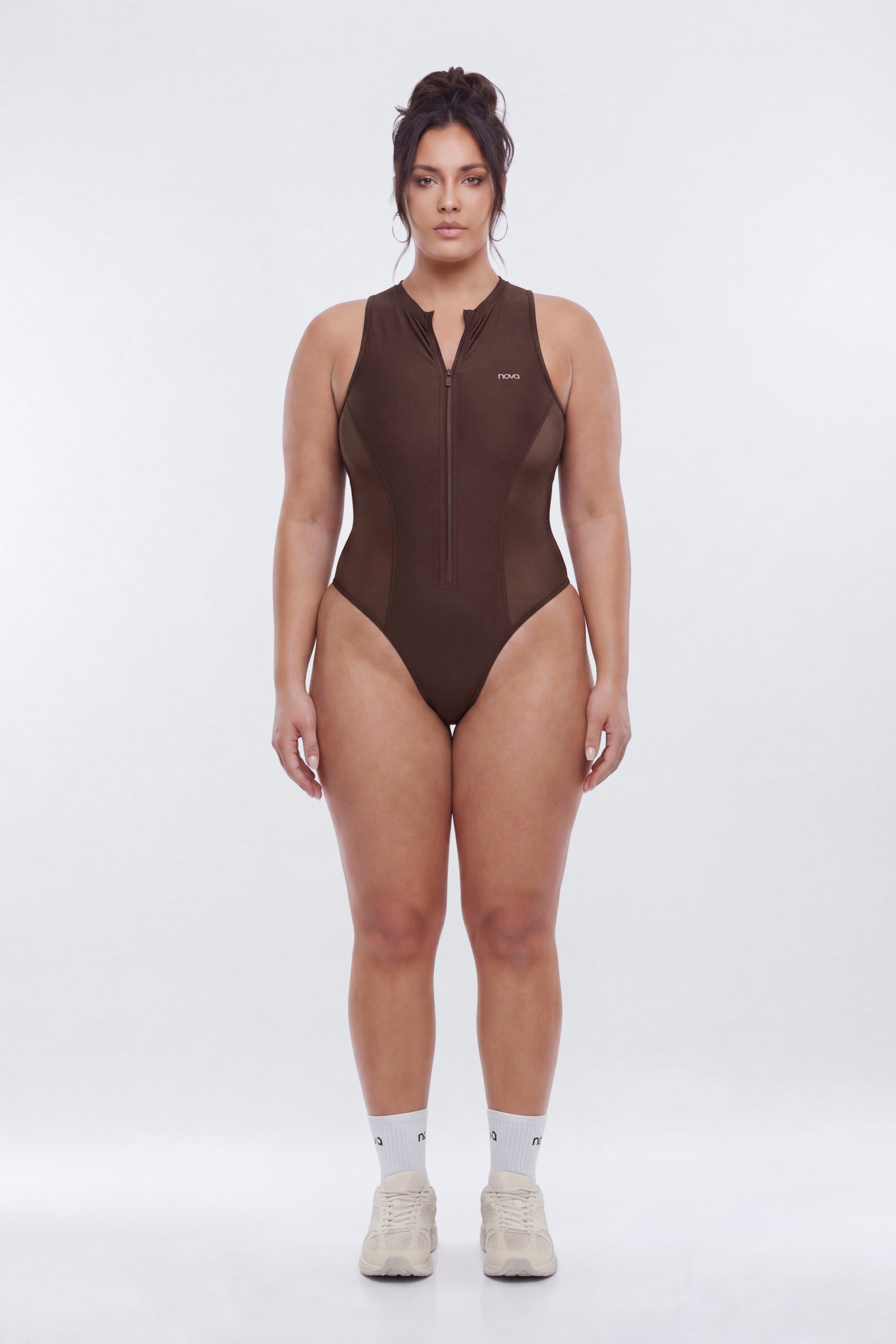 AirSculpt™ Front Zip Sports Bodysuit - Brown