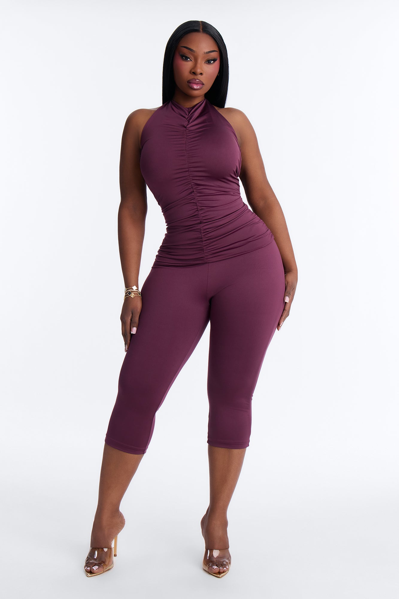Contour Double Lined Ruched Backless Halter Top - Plum