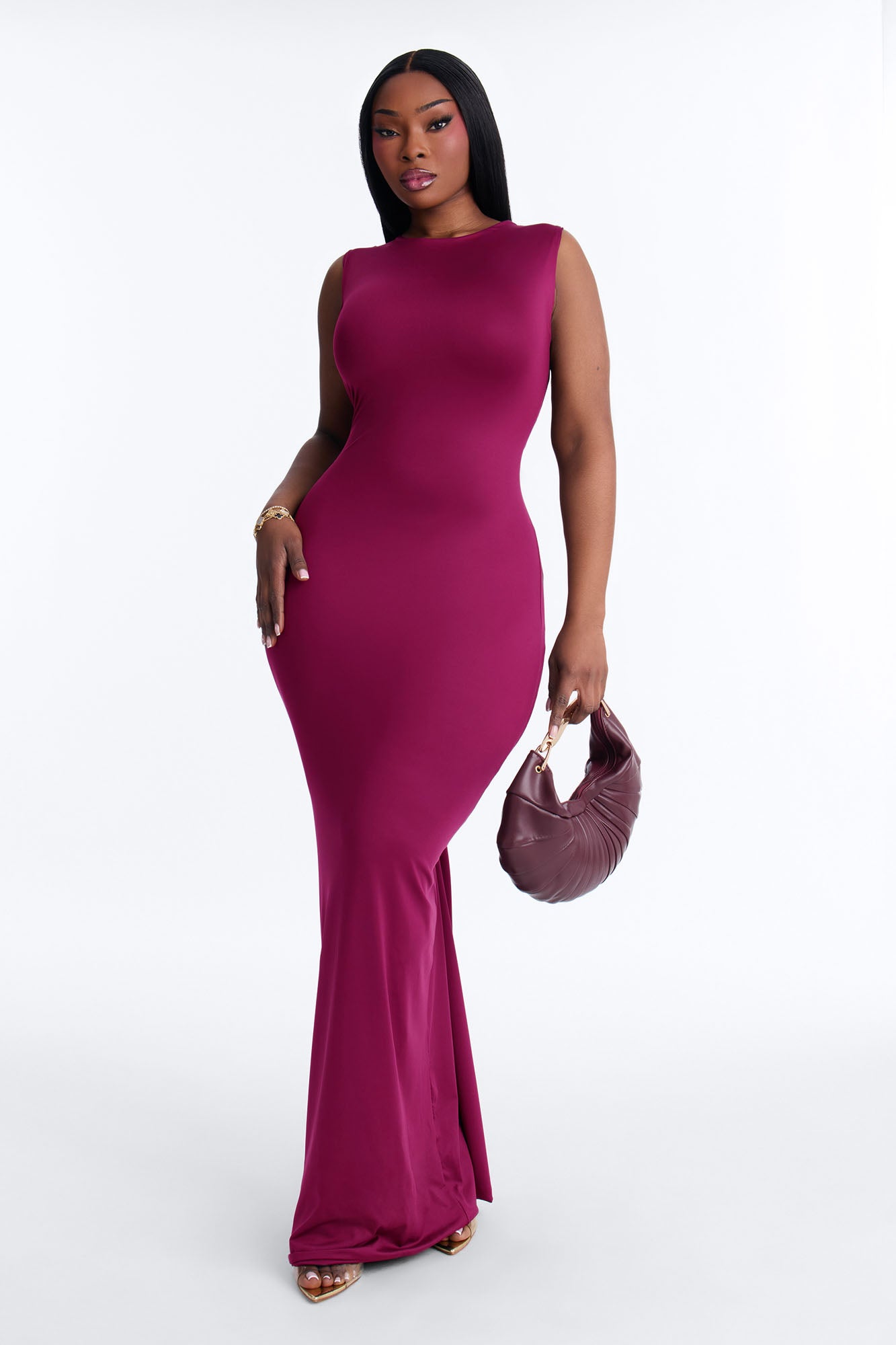 Contour Double Lined Crew Neck Sleeveless Maxi Dress - Raspberry