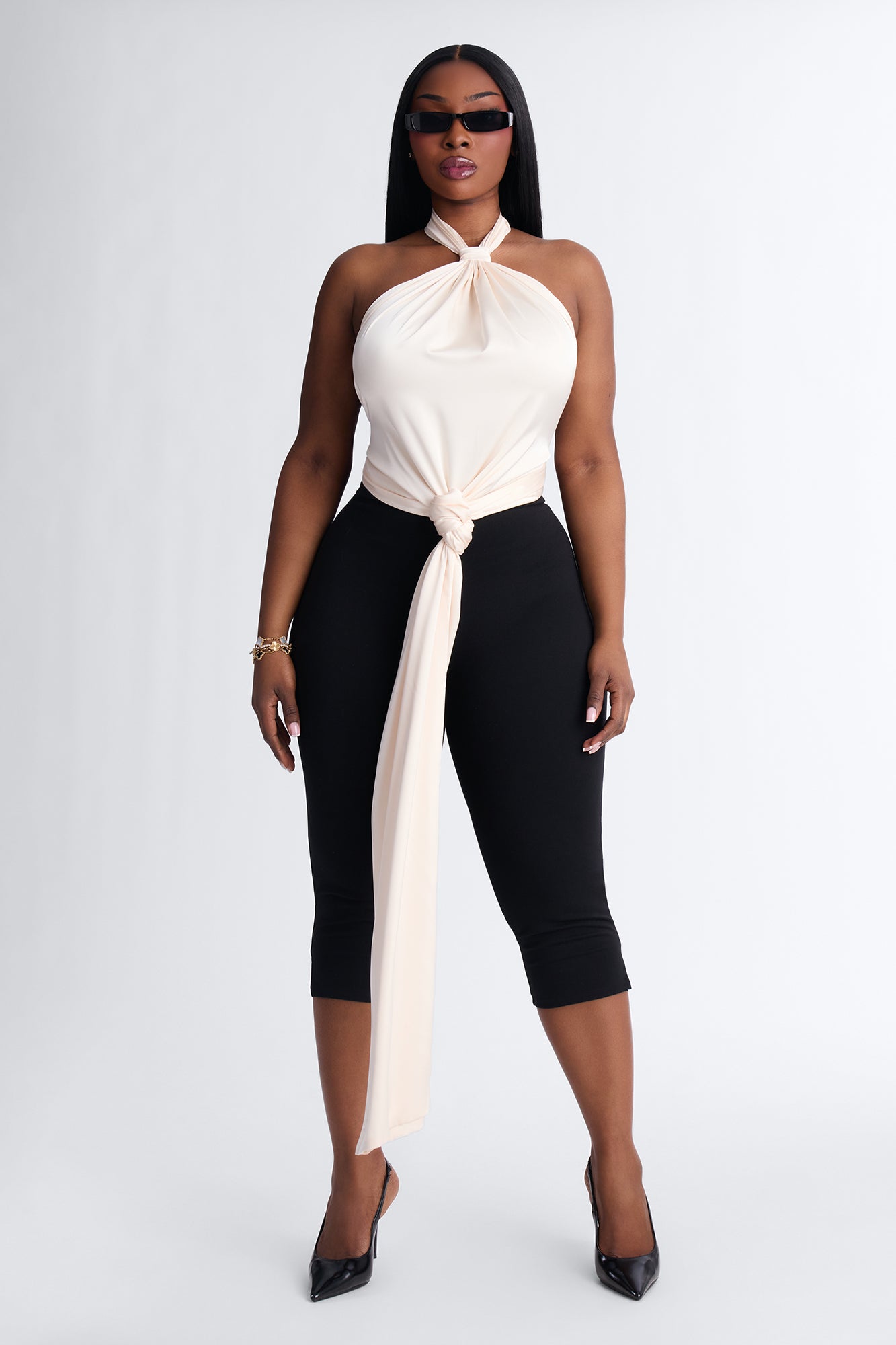 Love Shy Knotted Satin Halter Top - Cream