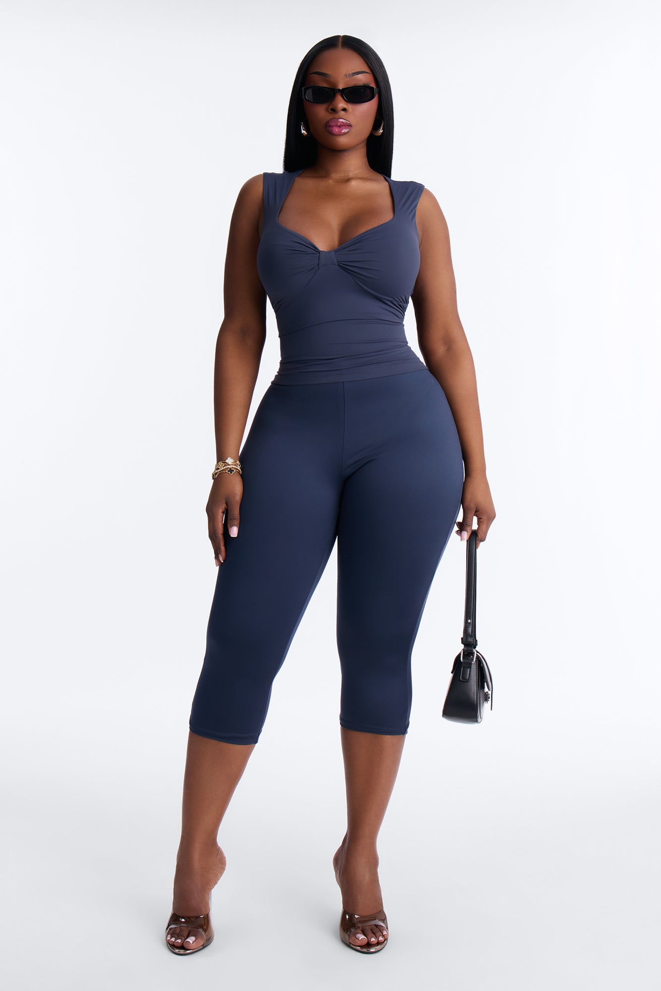 Second Skin Padded Sweetheart Neck Top - Navy