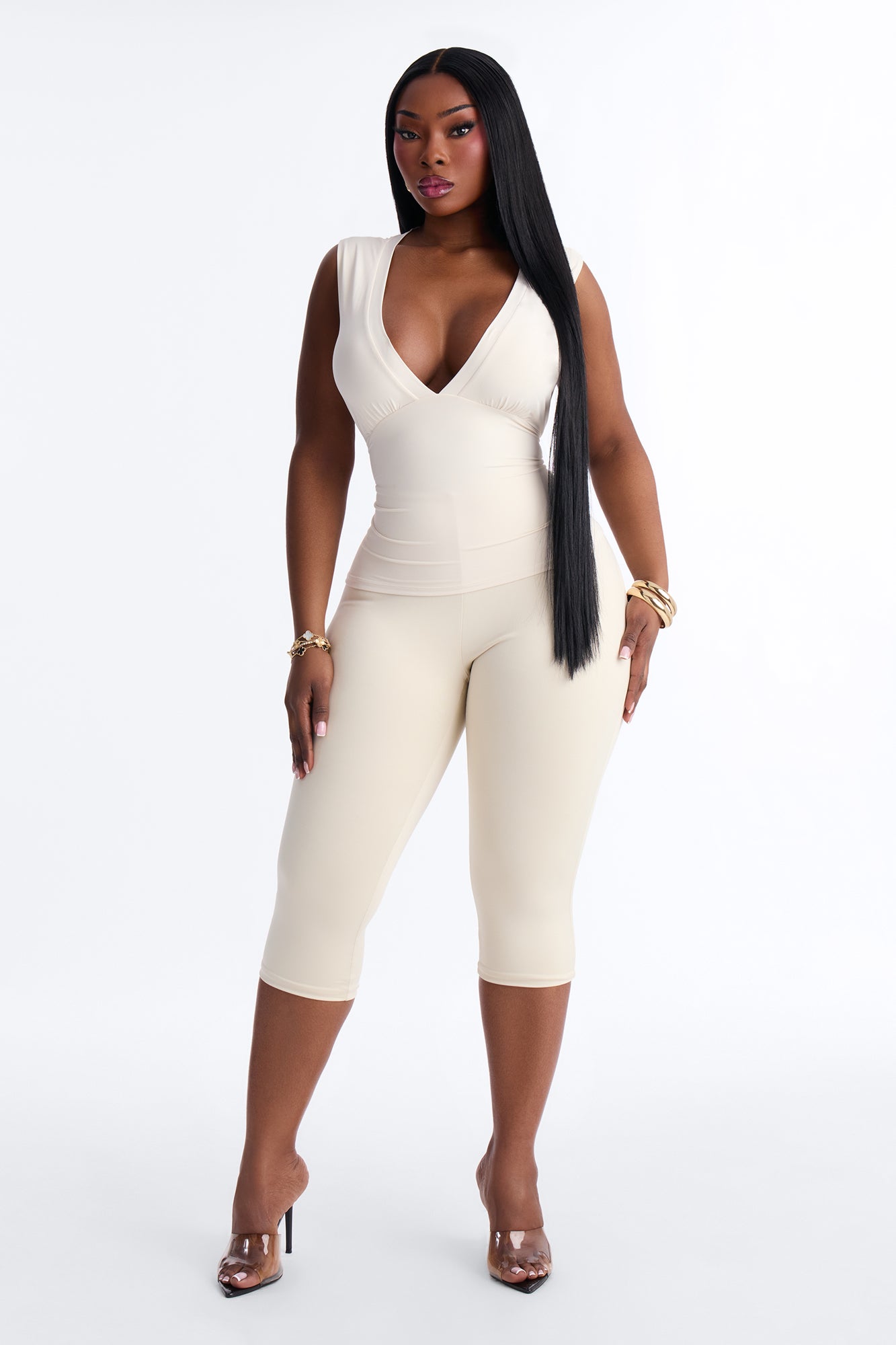 Second Skin Deep V Neck Sleeveless Top - Bone