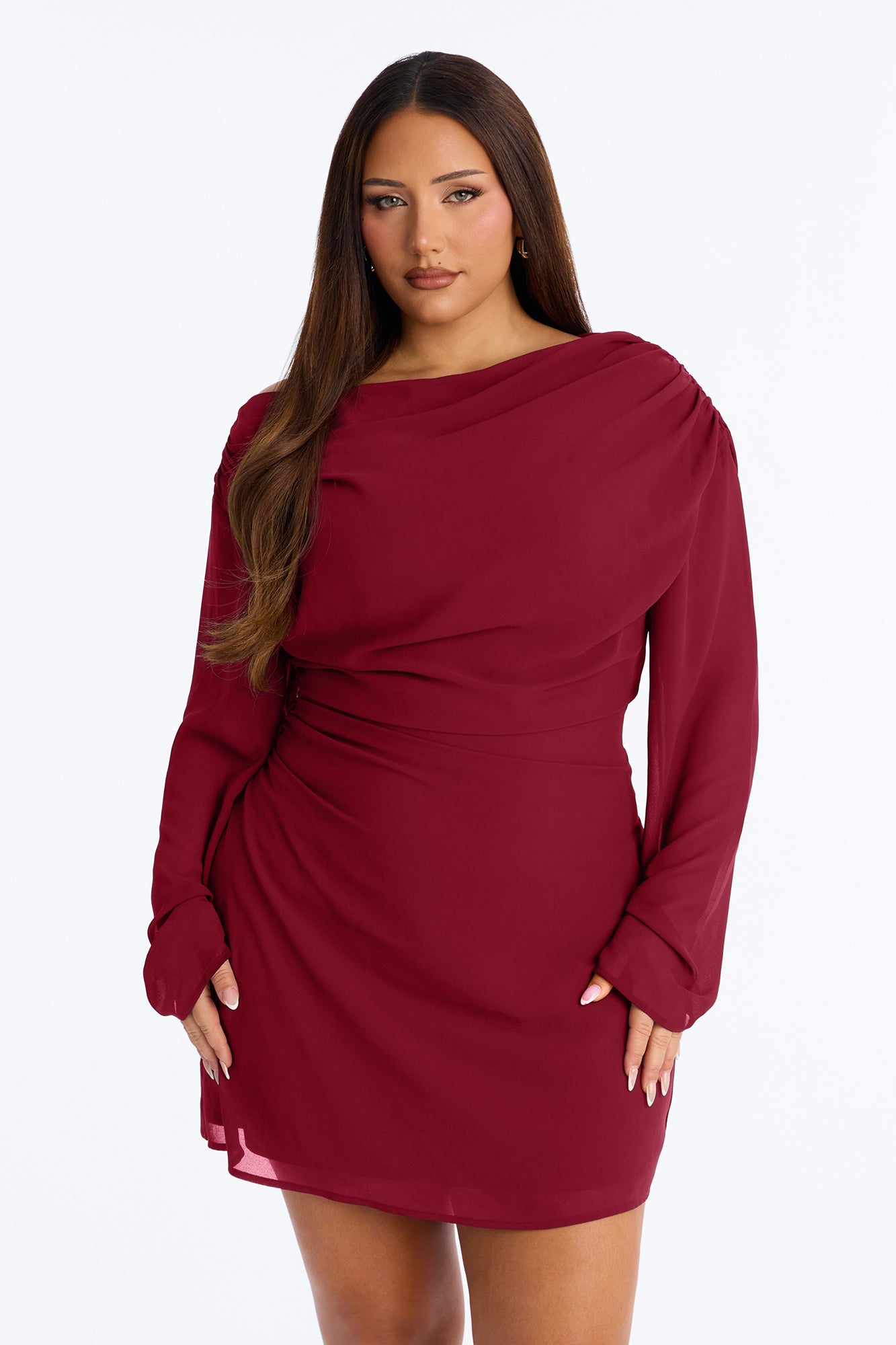 Kennedy Long Sleeve Chiffon Mini Dress - Red
