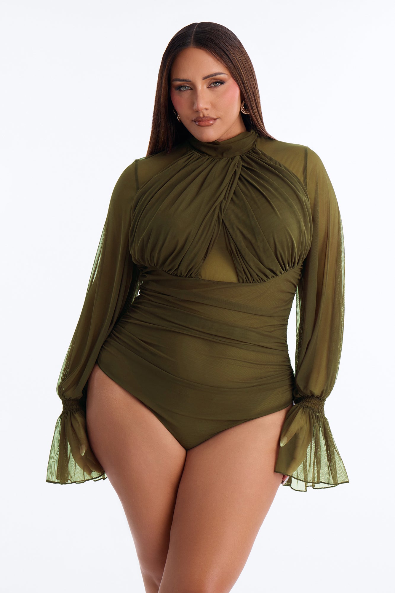 Juliet Ruched Mesh Long Sleeve Bodysuit - Olive