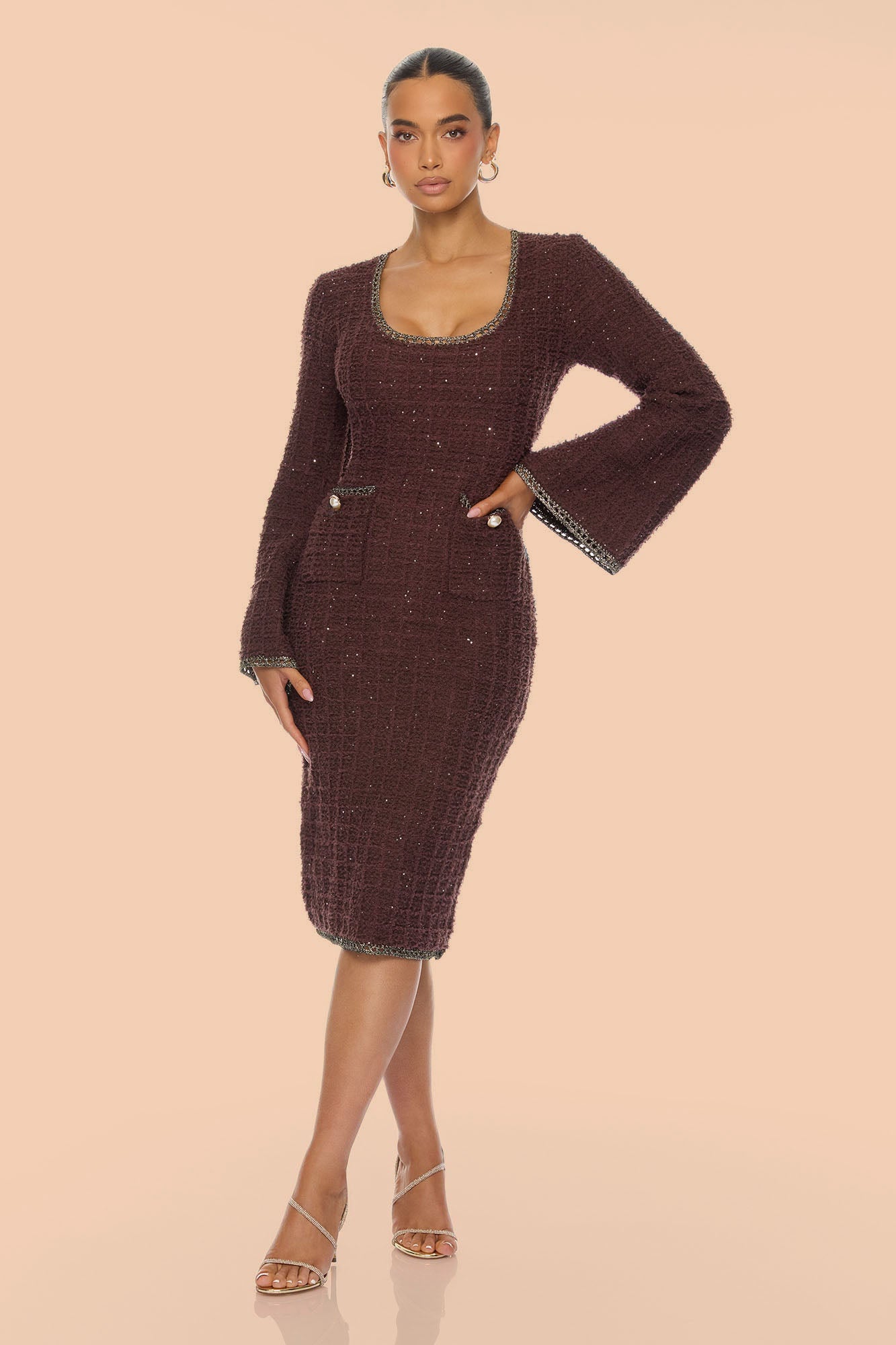 Brooke Embellished Tweed Maxi Dress - Chocolate