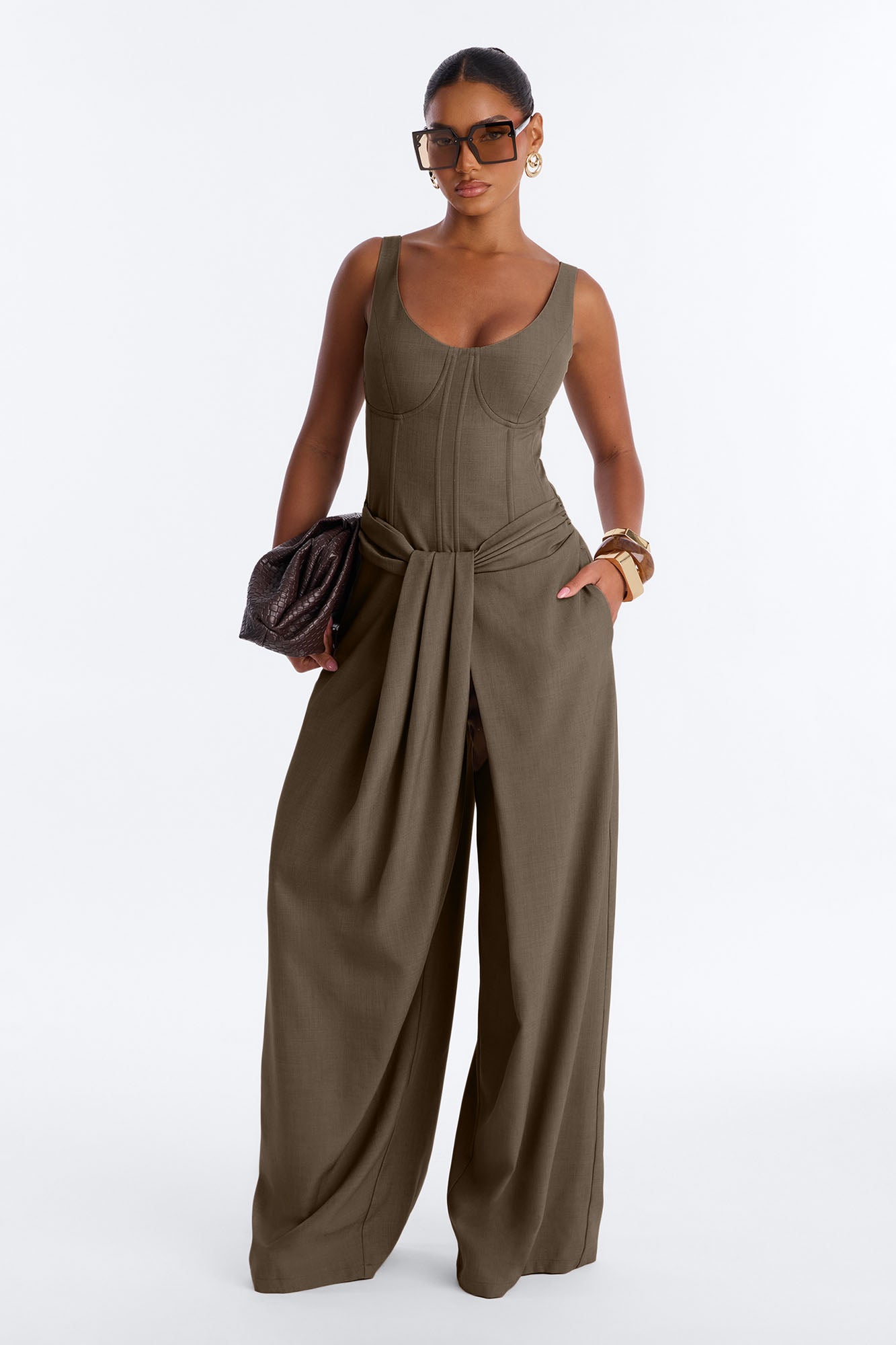 Jessa Twist Front Wide Leg Jumpsuit - Olive