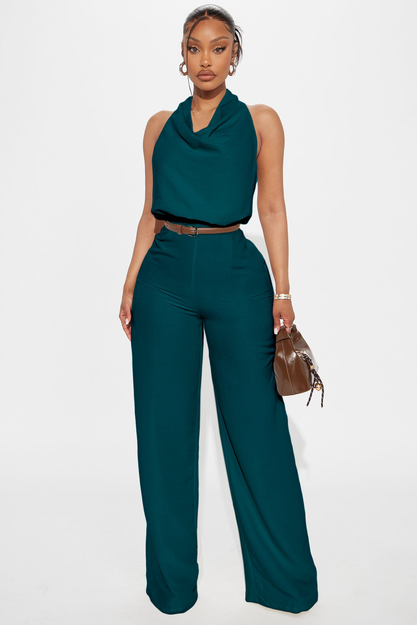 Amelia Belted Halter Jumpsuit - Hunter