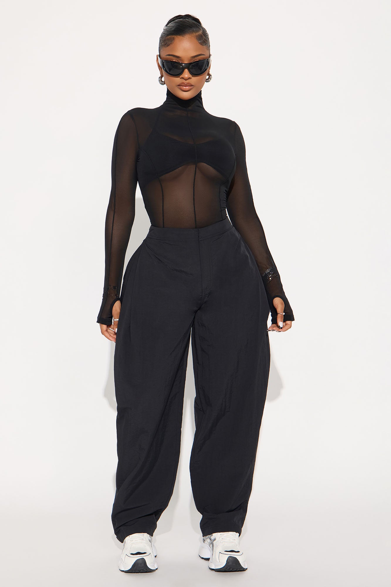 Power Mesh Mock Neck Long Sleeve Top - Black