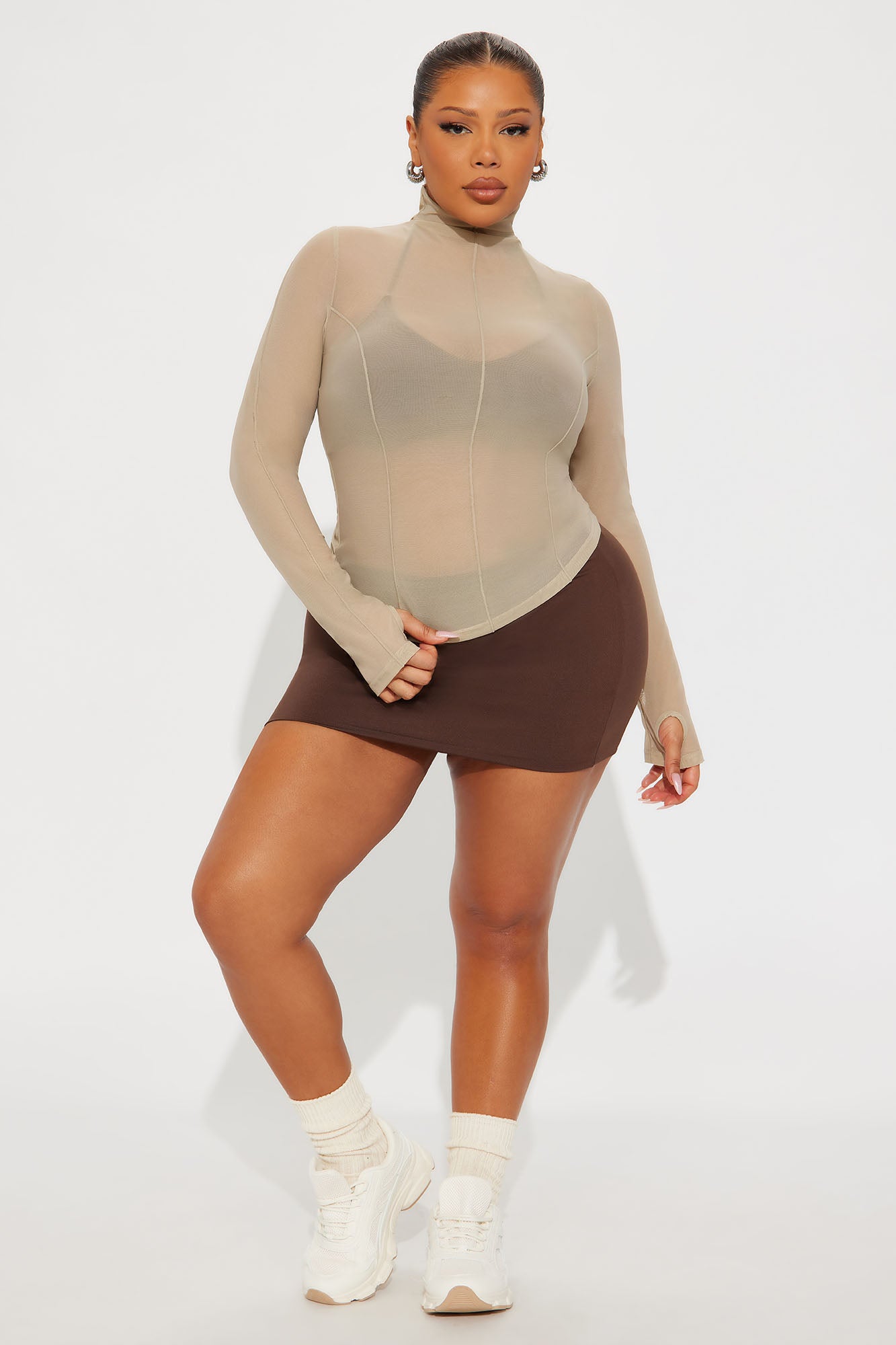 Power Mesh Mock Neck Long Sleeve Top - Stone
