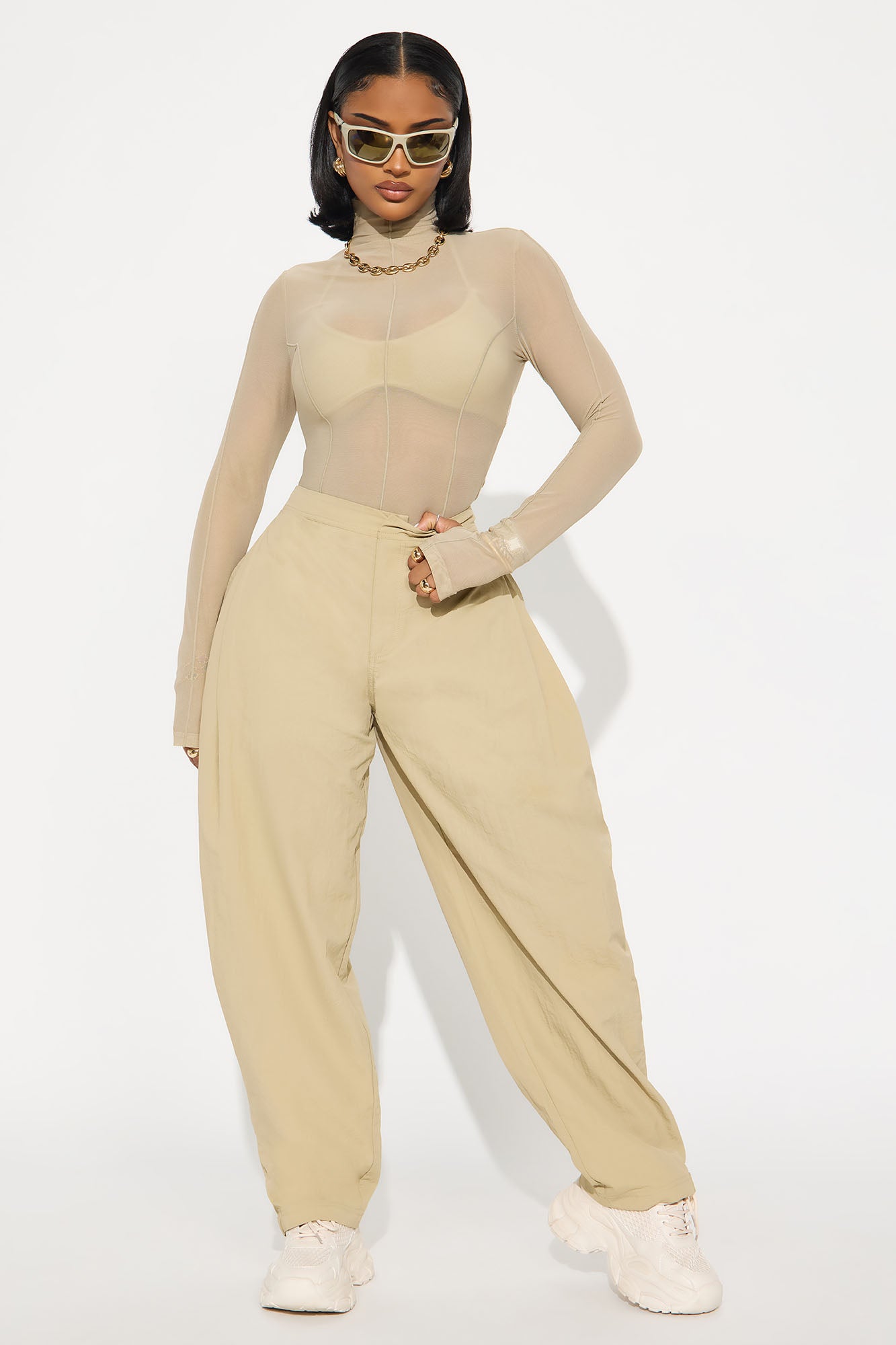 Power Mesh Mock Neck Long Sleeve Top - Stone