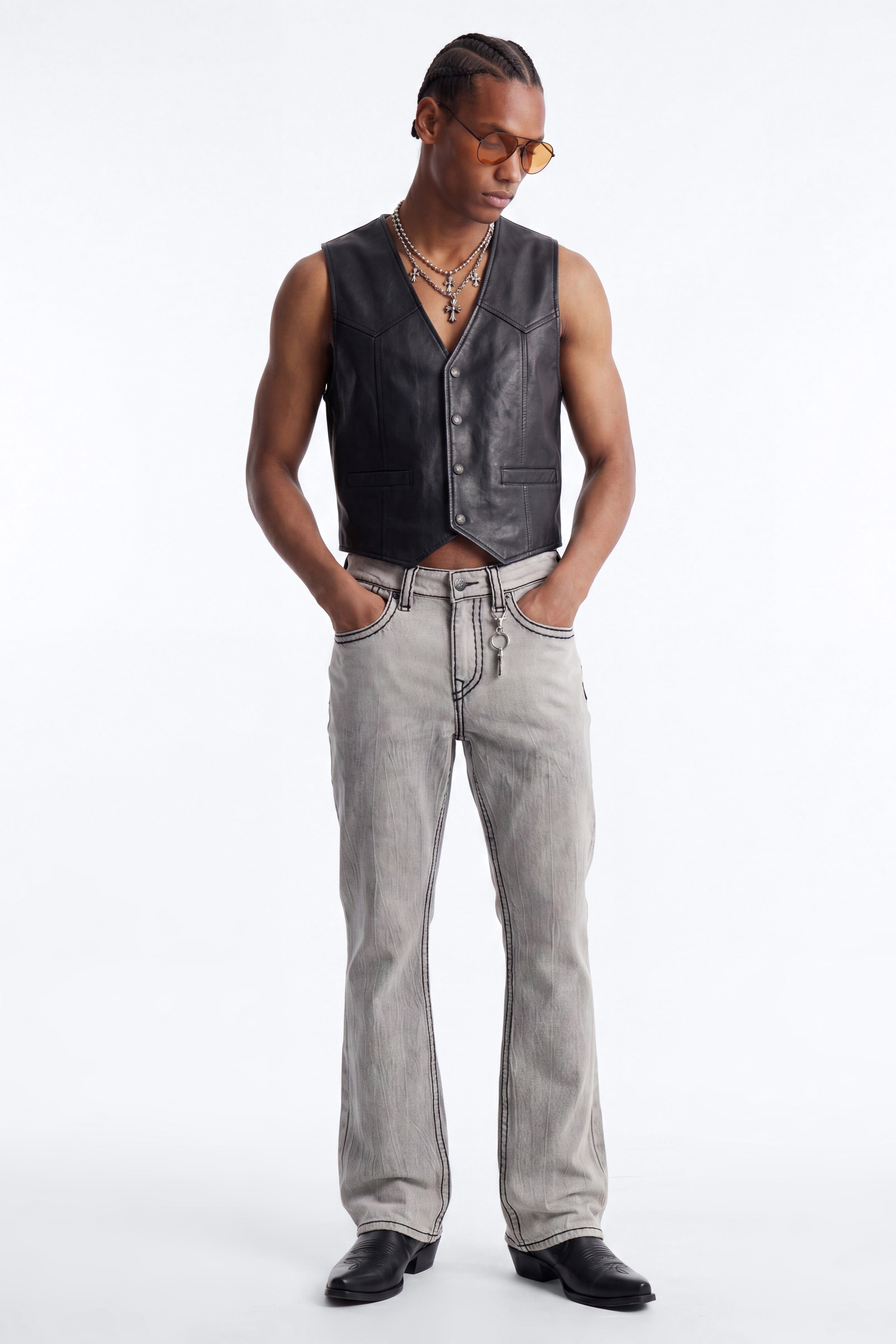 Heavy Stitch Sun Faded Stacked Skinny Flare Jeans - Grey
