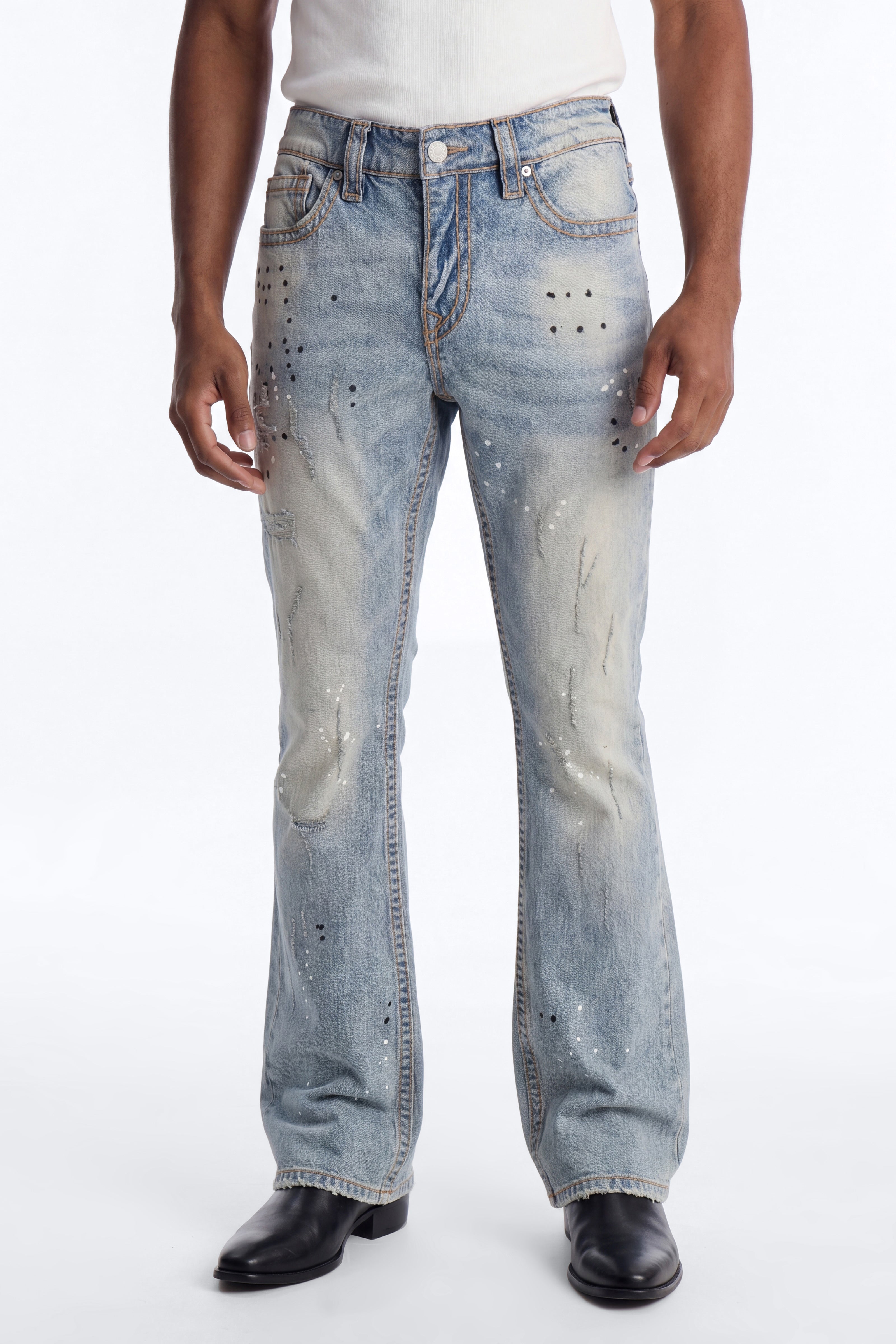Heavy Stitch Splatter Stacked Skinny Flare Jean - Light Blue Wash