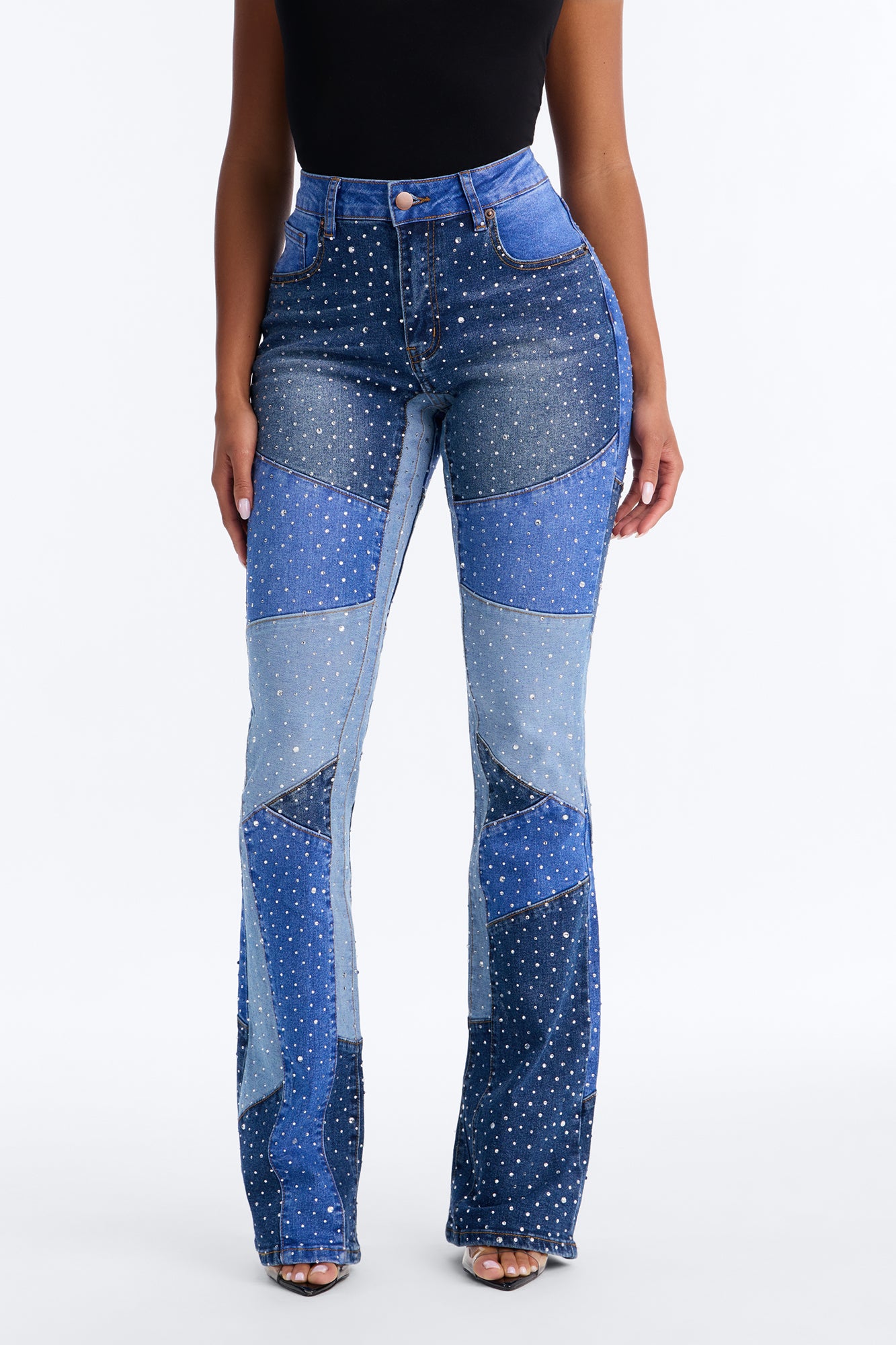 Silver Lining Embellished Patchwork Bootcut Jeans - Blue/combo