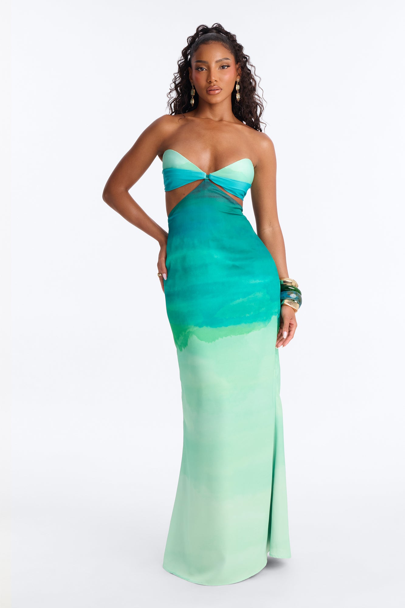 Kaia Satin Strapless Maxi Dress - Green/combo