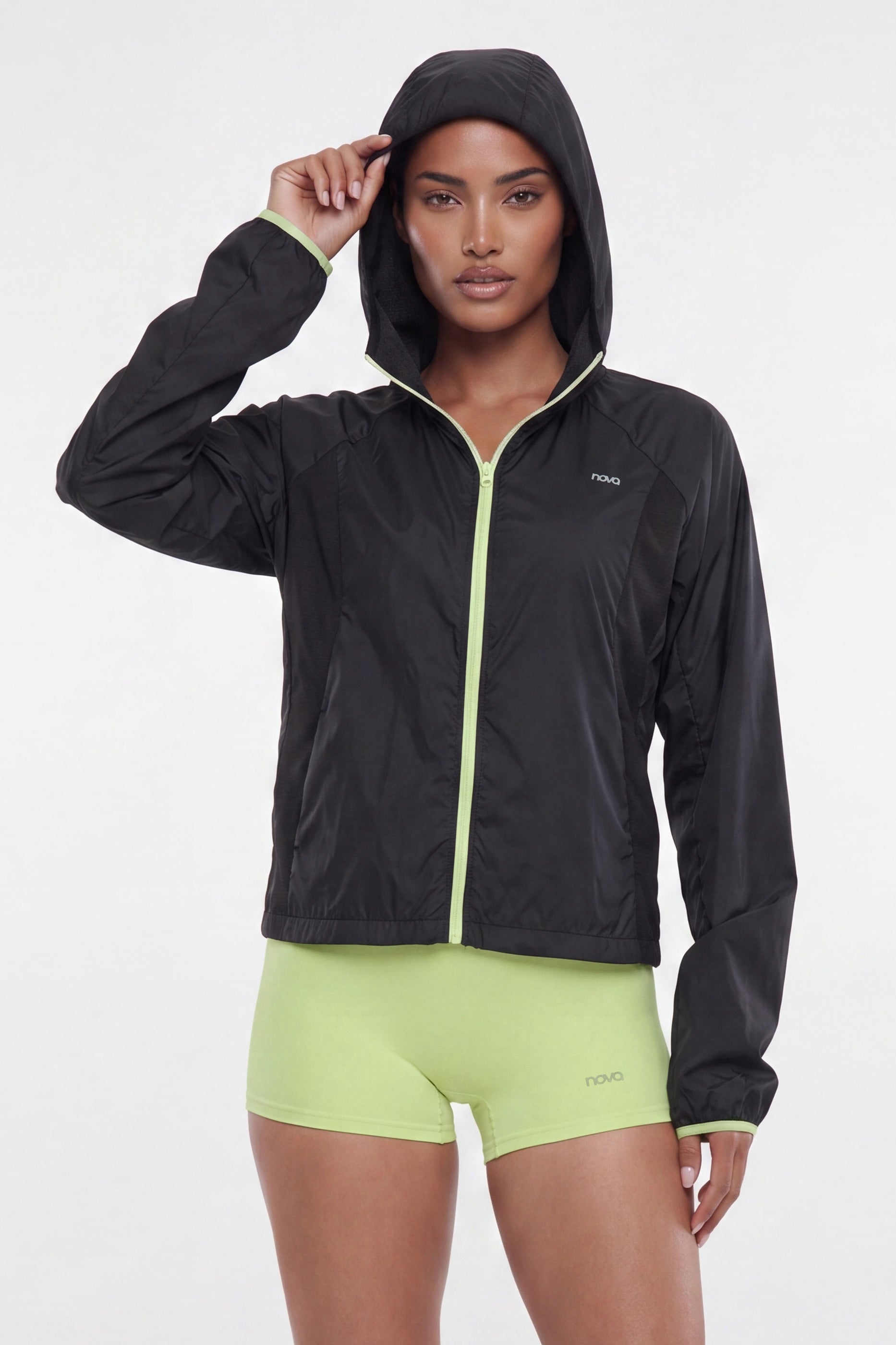 Nylon Light Weight RipStop Zip Up Hooded Running Jacket - Black