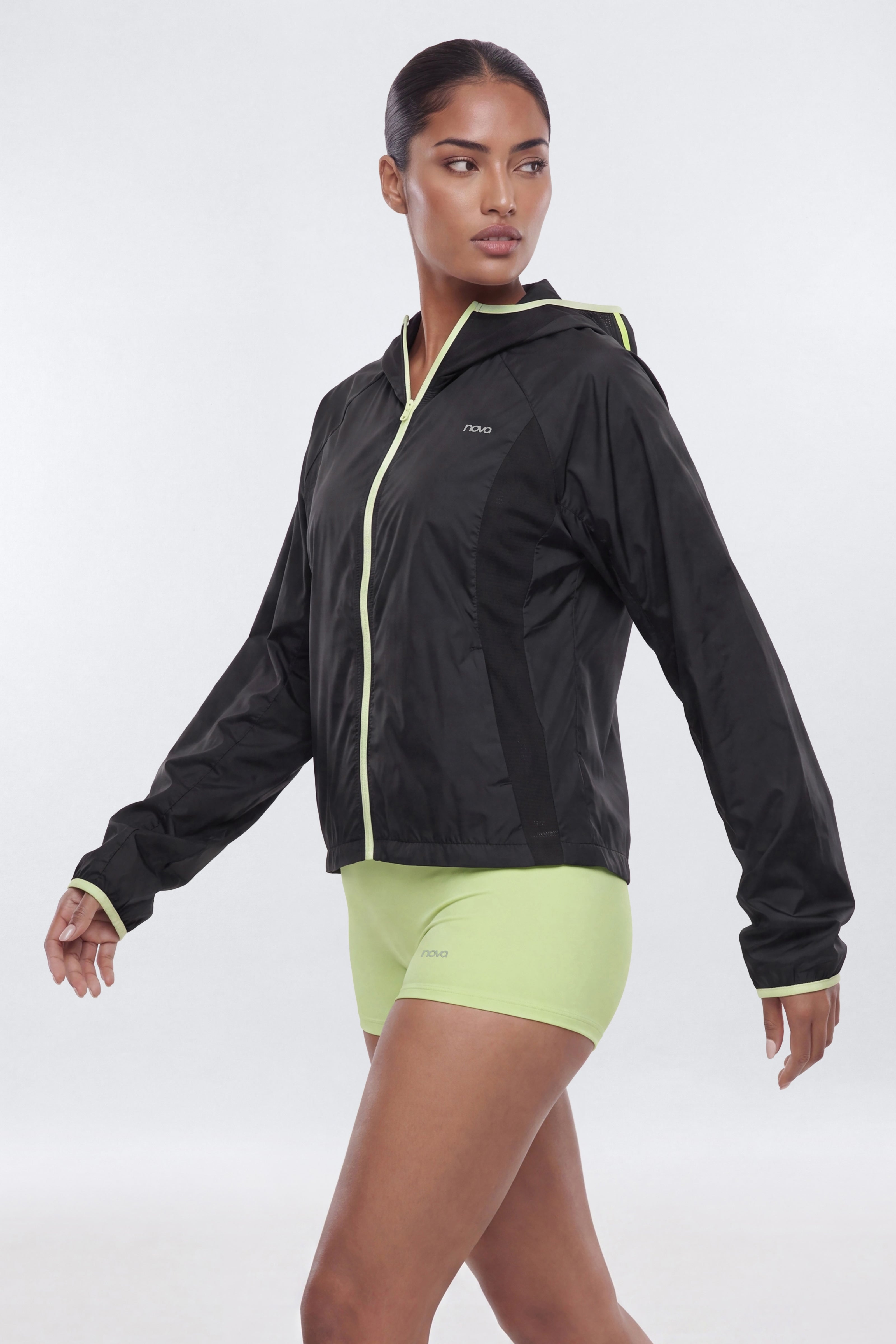 Nylon Light Weight RipStop Zip Up Hooded Running Jacket - Black