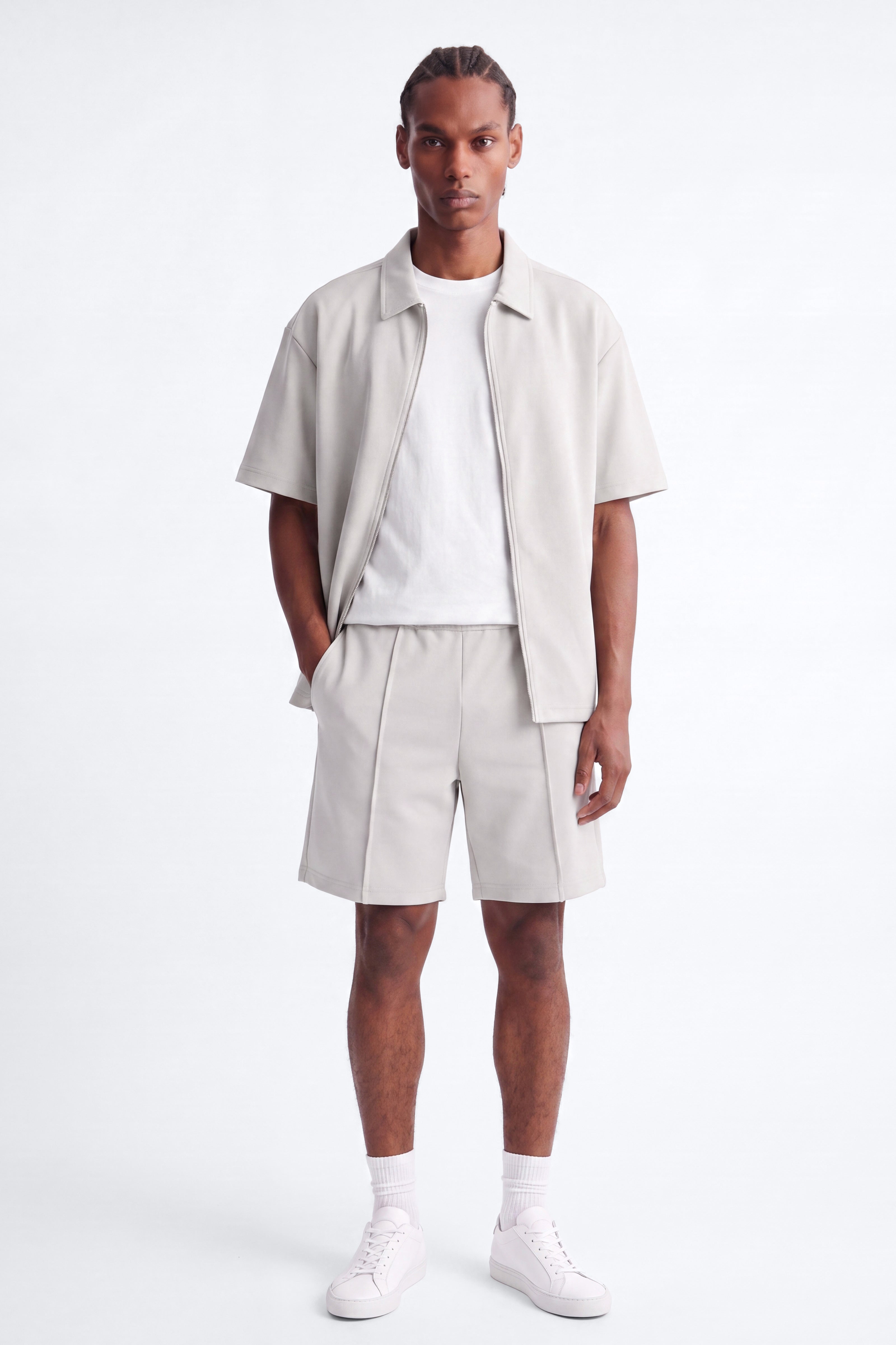 Structured Fleece Pintuck Relaxed Short - Light Grey