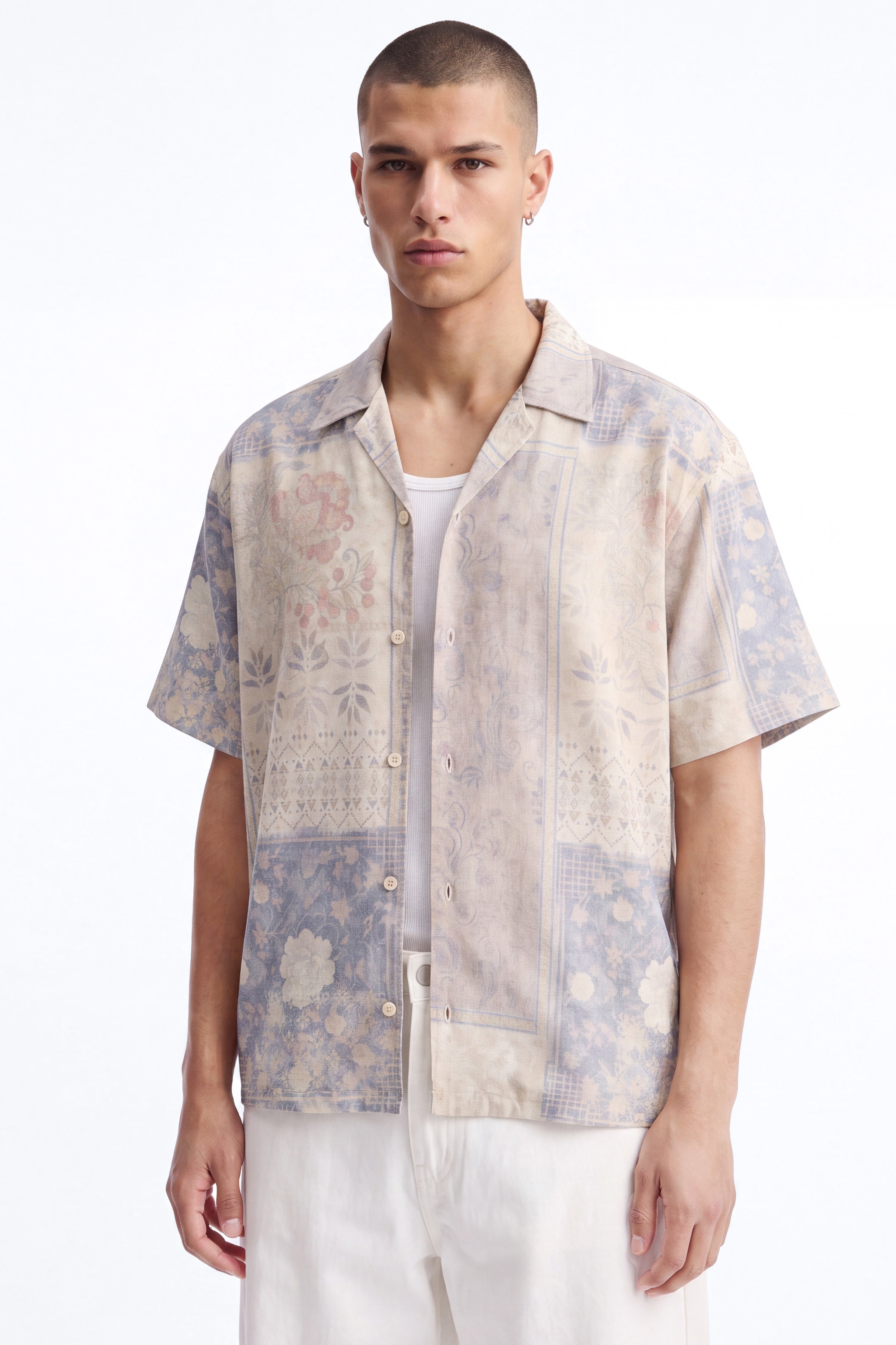 Relaxed Vintage Printed Tapestry Cuban Collar Button Up Shirt - Multi Color