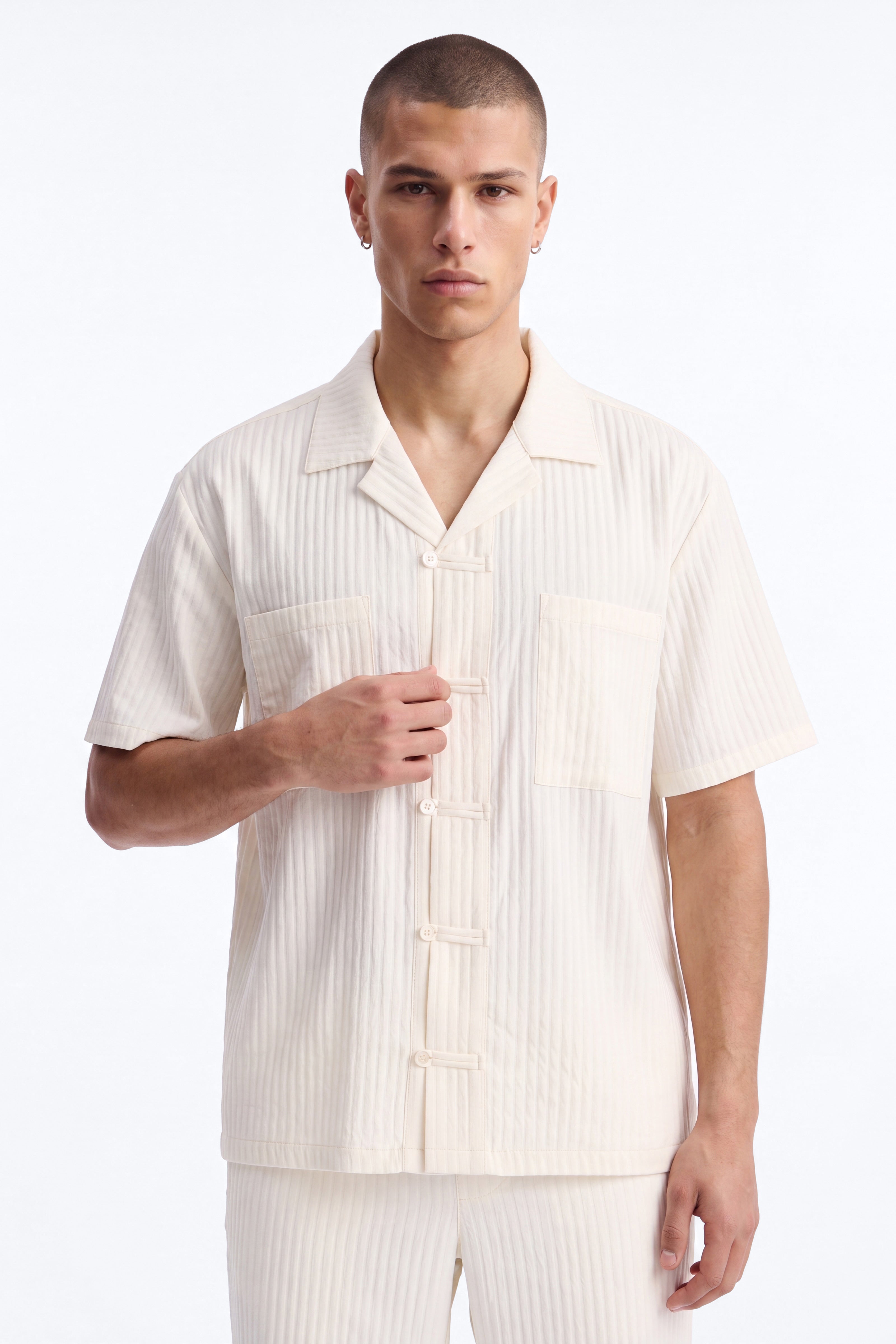 Relaxed Dynasty Cuban Collar Button Up Shirt - Cream