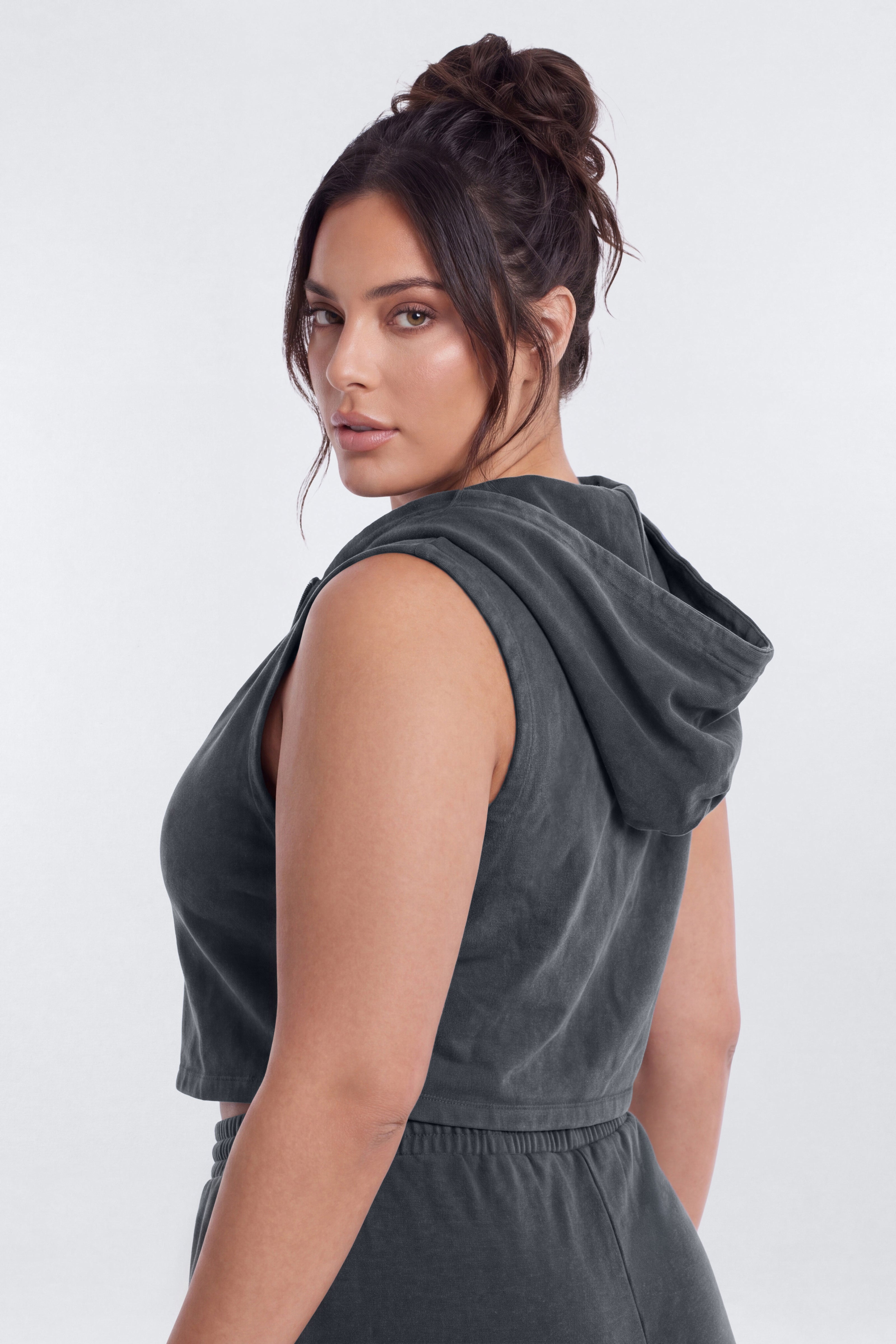 French Terry Cropped Zip Vest Jacket - Carbon