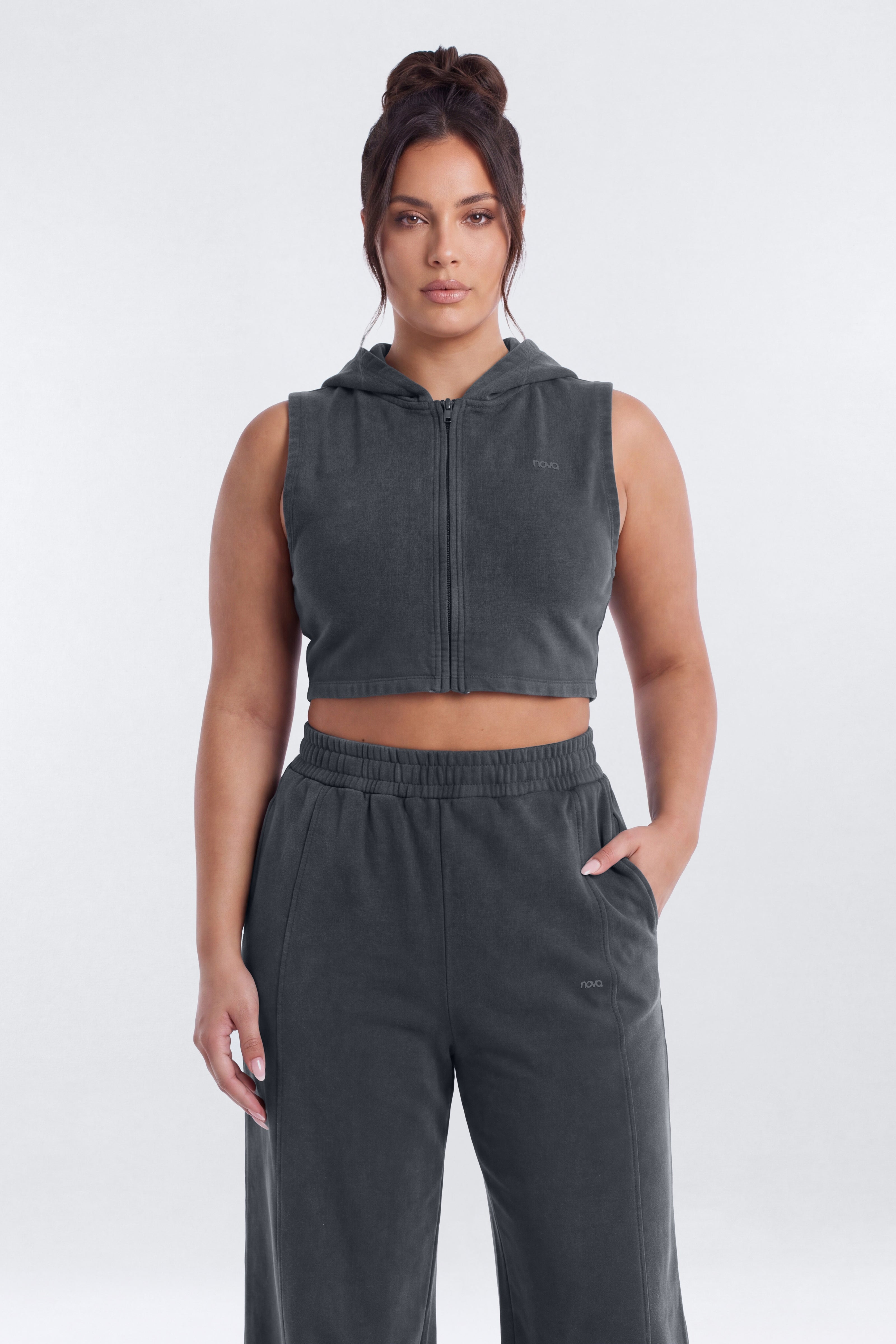 French Terry Cropped Zip Vest Jacket - Carbon