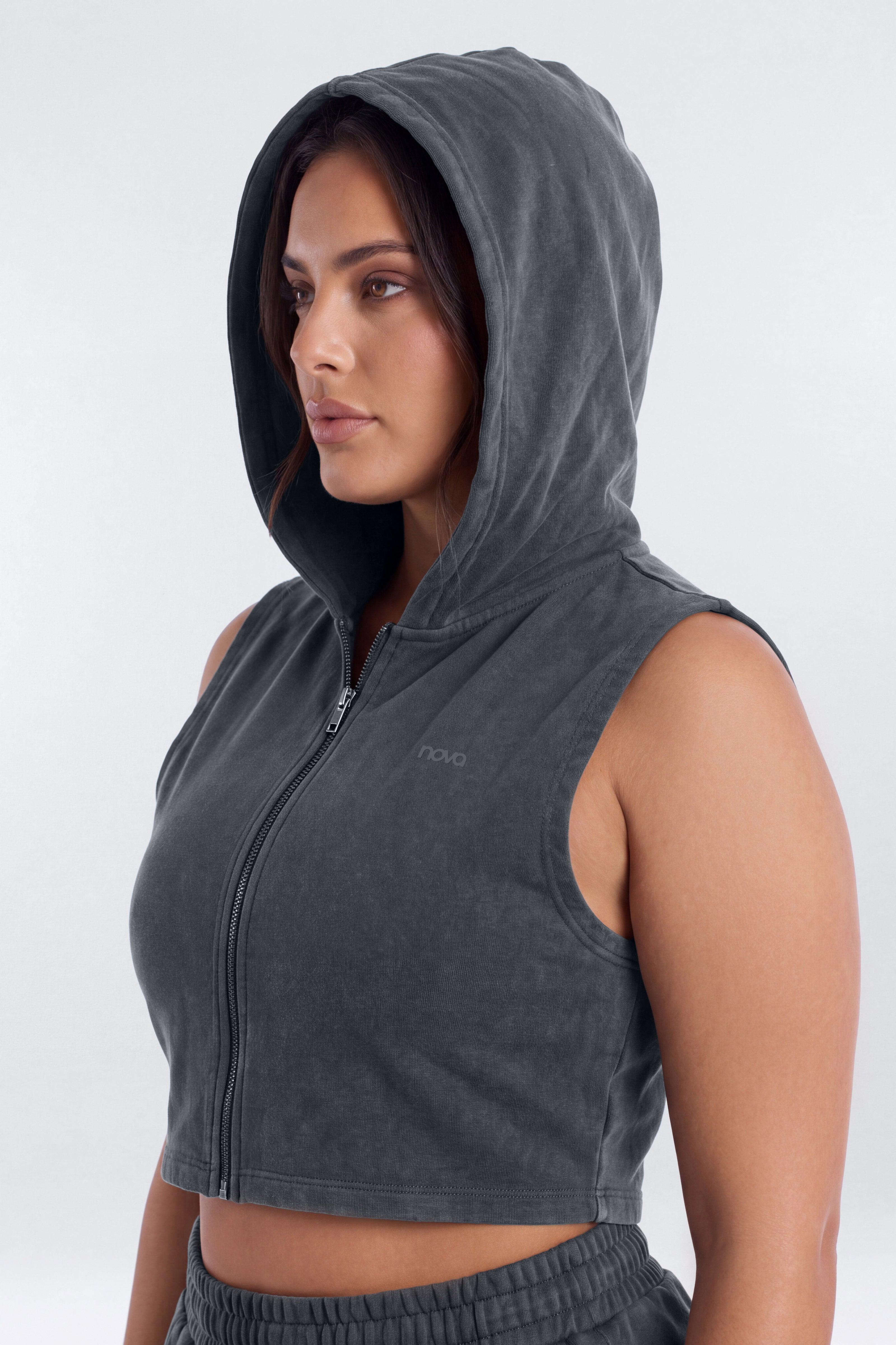 French Terry Cropped Zip Vest Jacket - Carbon