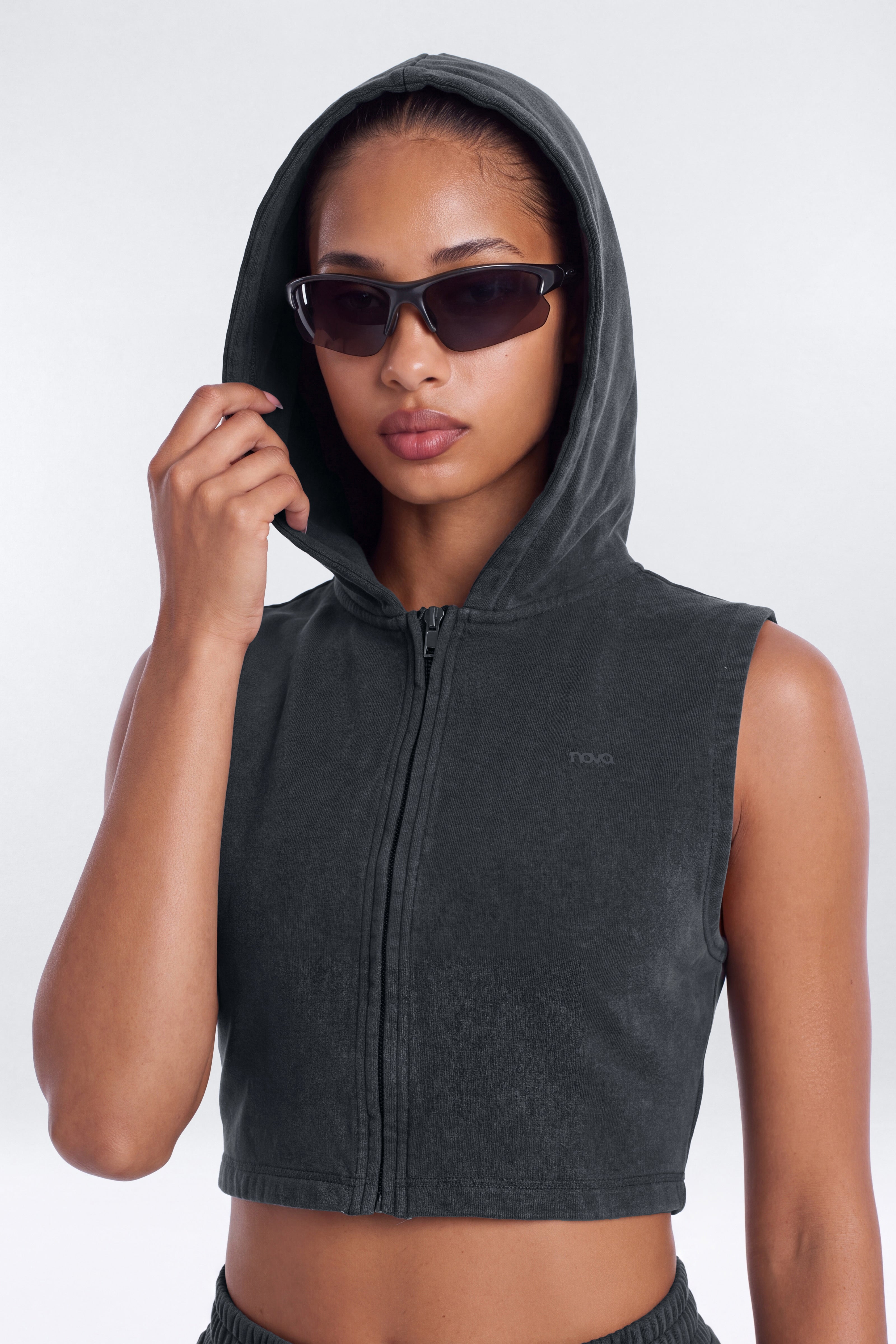 French Terry Cropped Zip Vest Jacket - Carbon