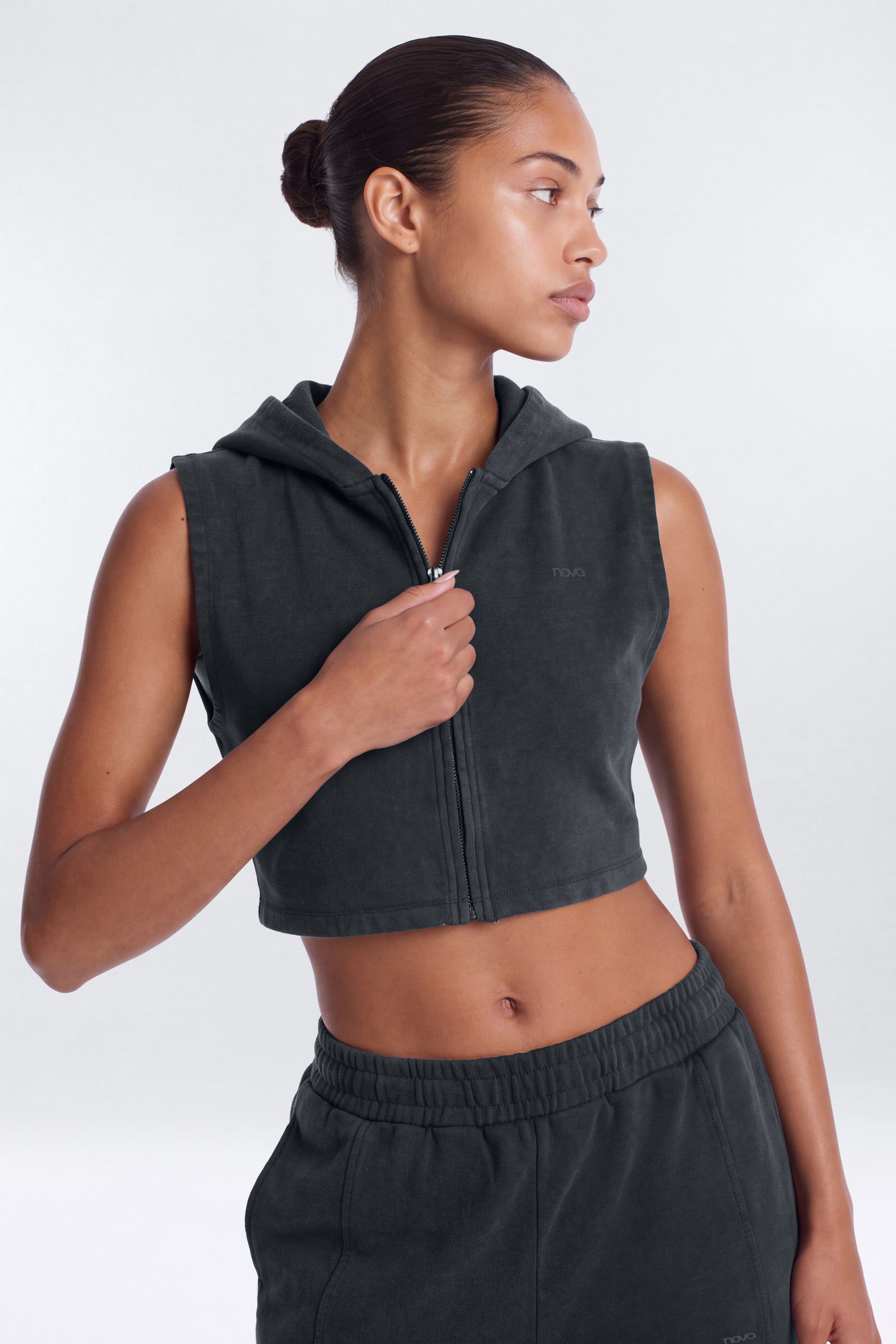 French Terry Cropped Zip Vest Jacket - Carbon