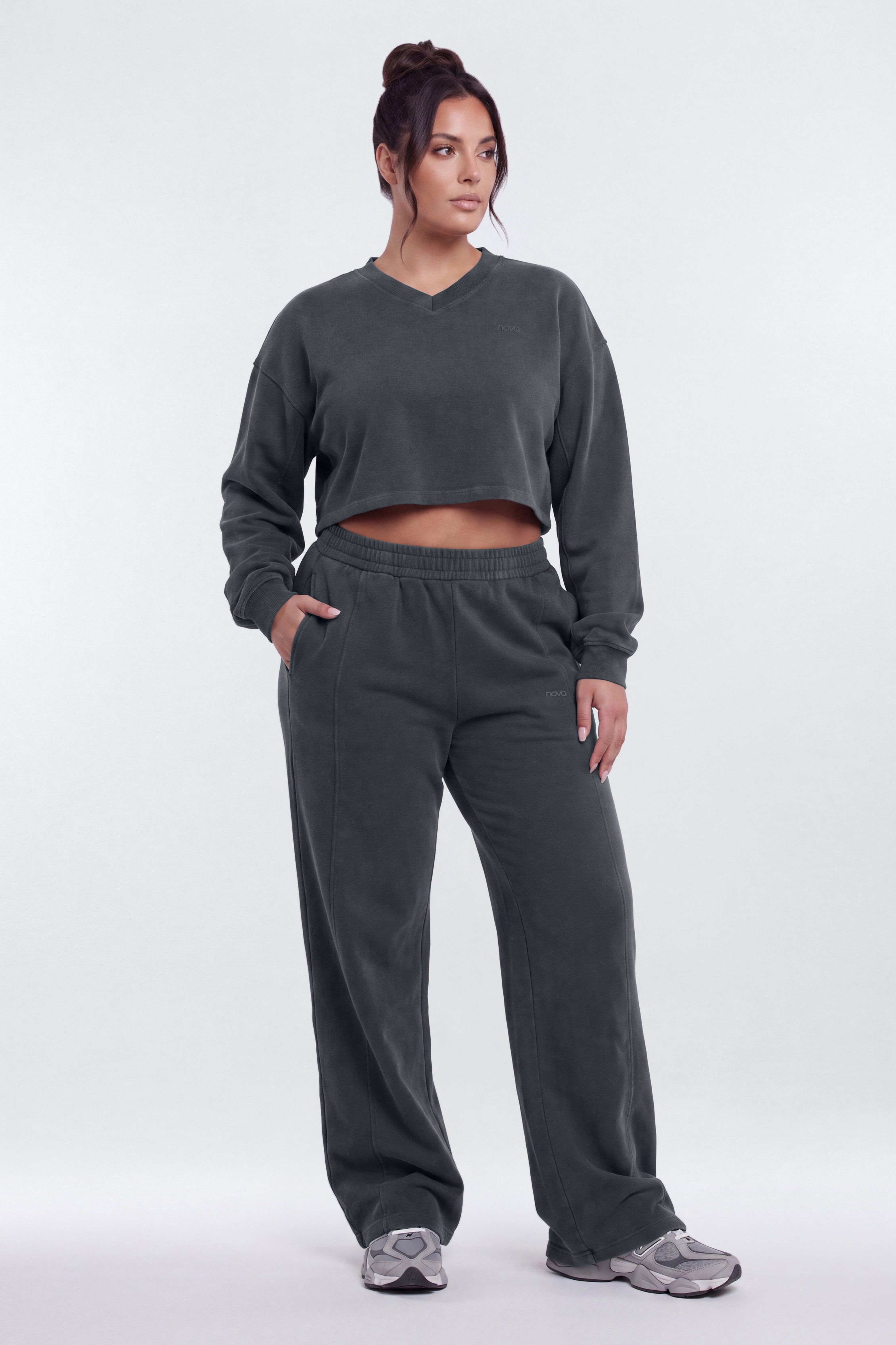 French Terry Crop V Neck Sweatshirt - Carbon