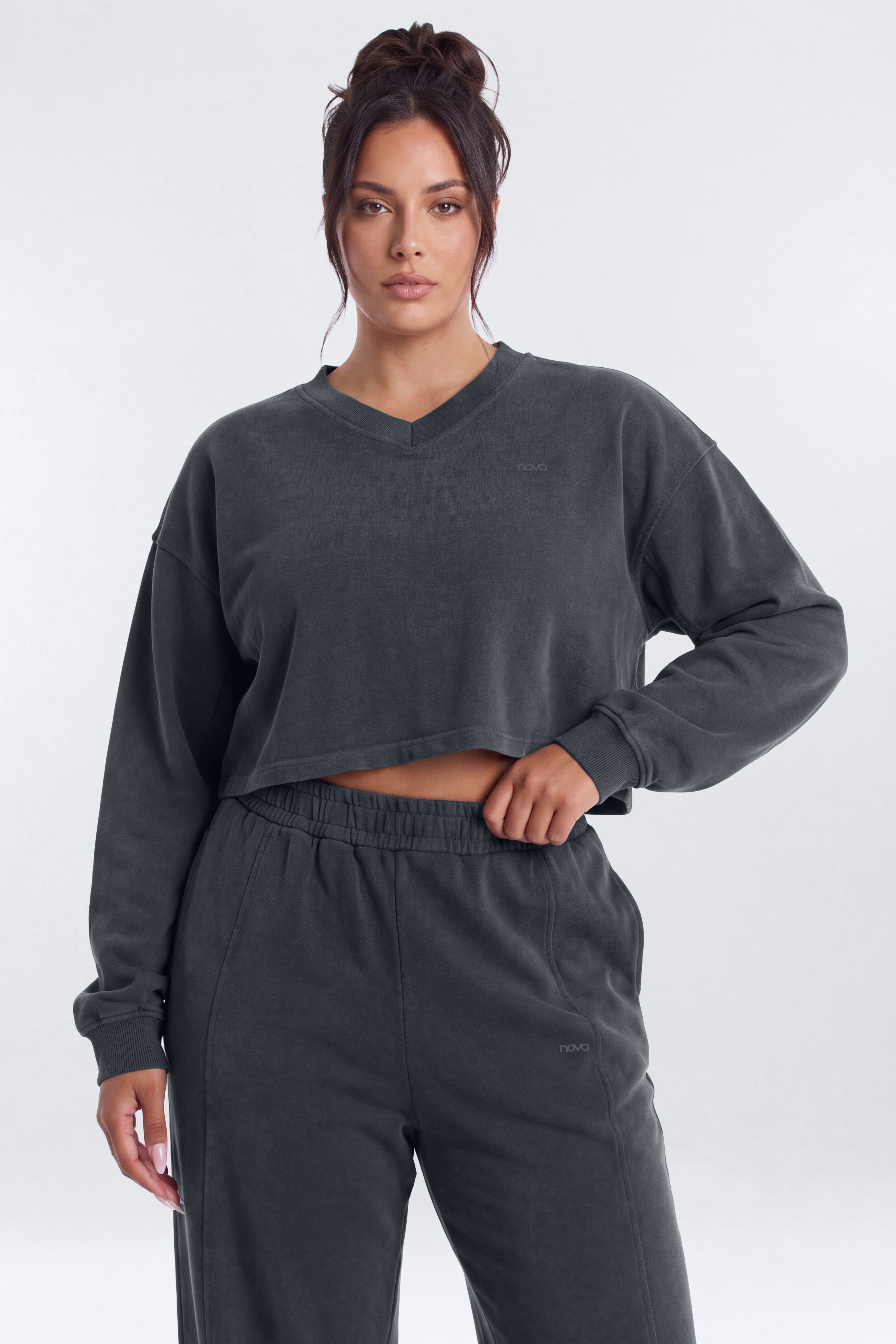 French Terry Crop V Neck Sweatshirt - Carbon