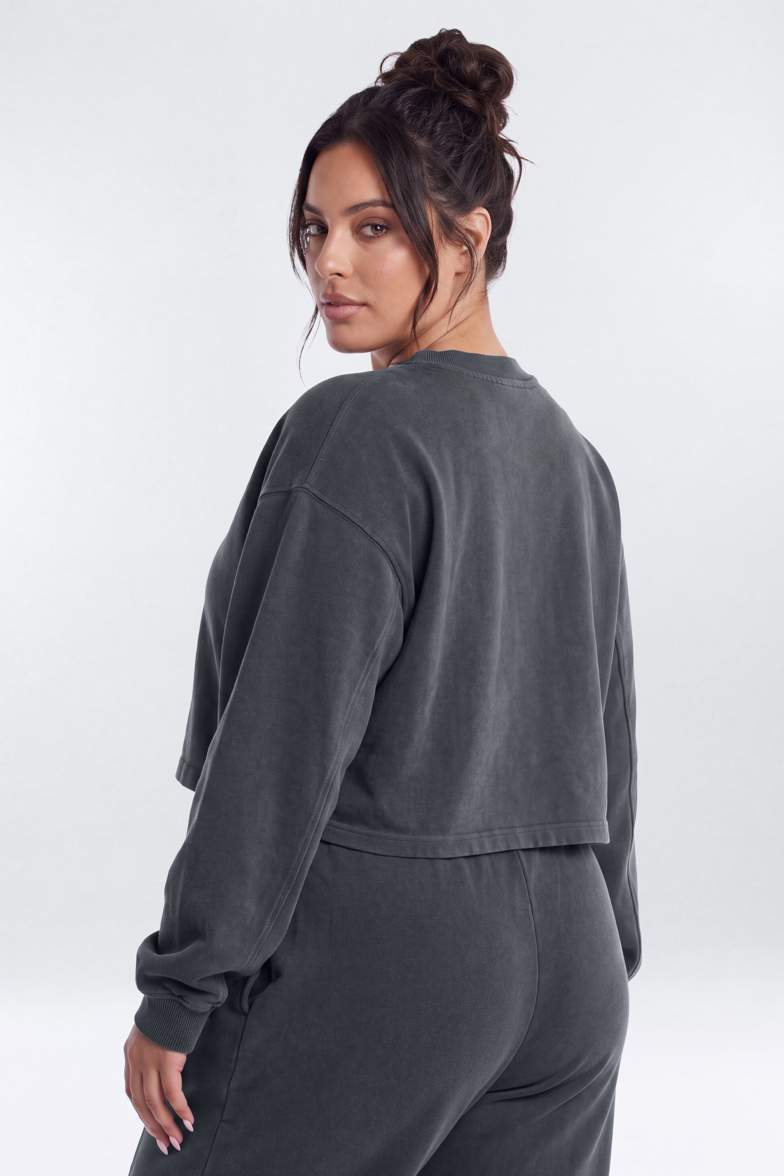 French Terry Crop V Neck Sweatshirt - Carbon