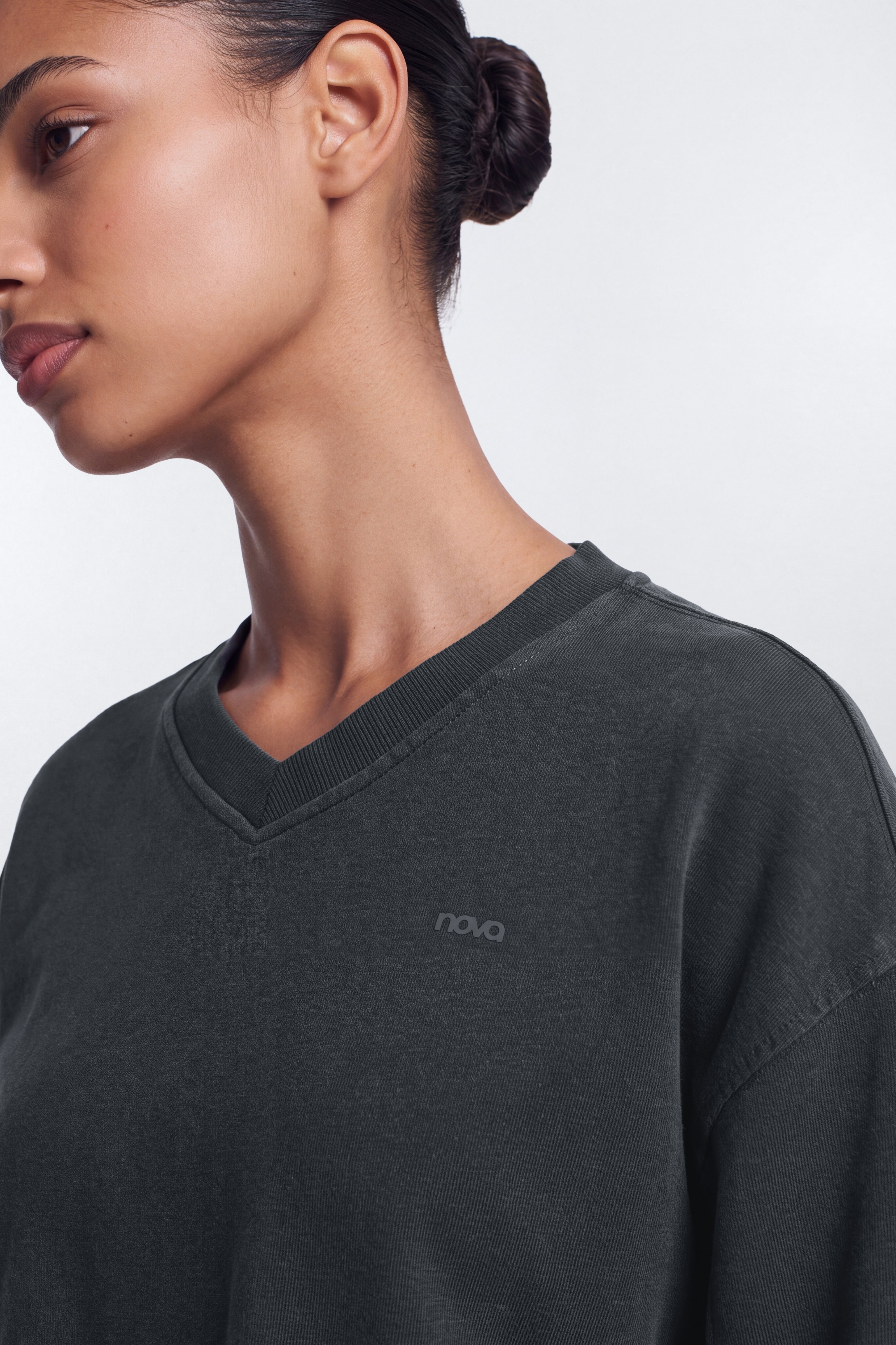 French Terry Crop V Neck Sweatshirt - Carbon