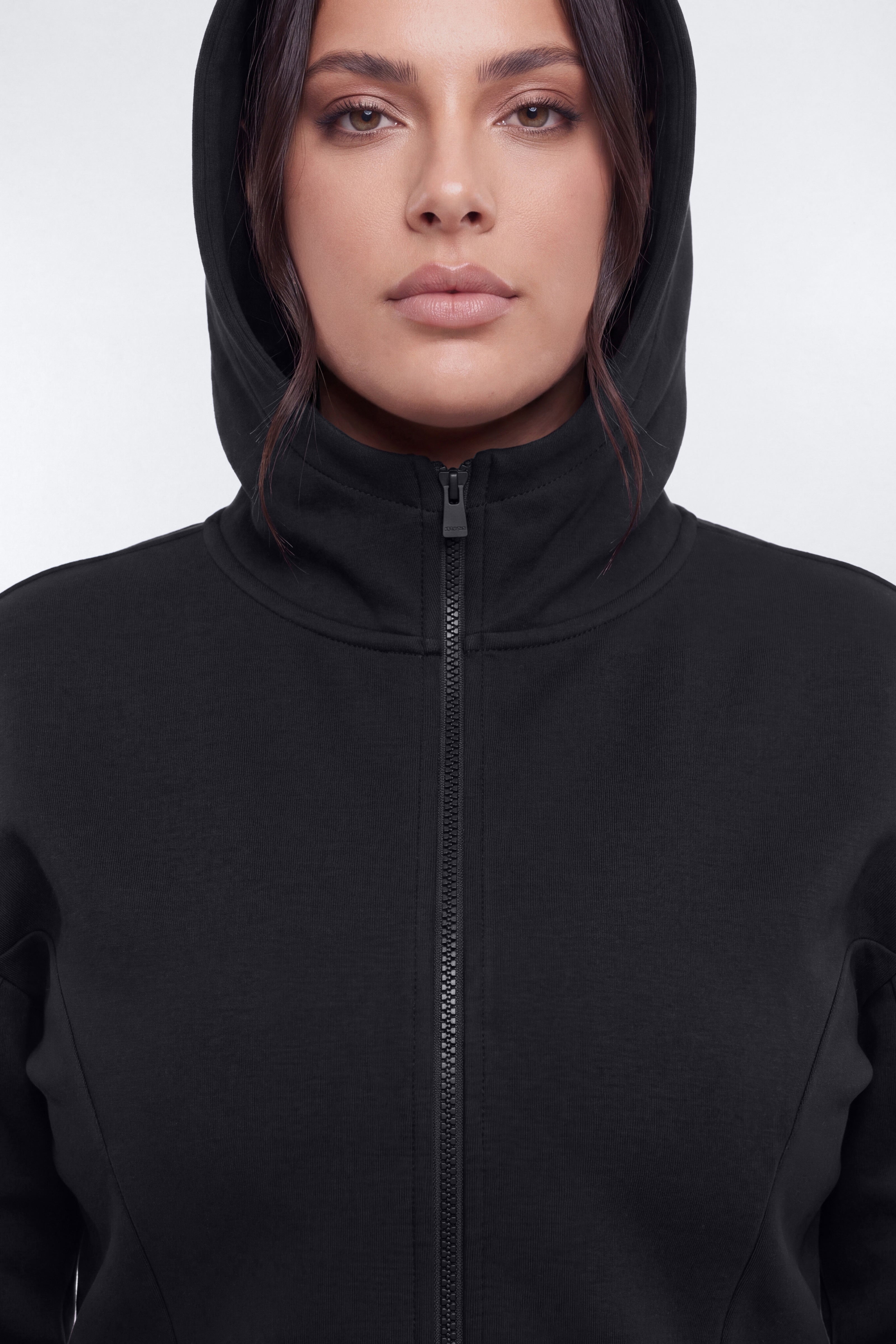 Technical Knit Structured Full Zip Hooded Jacket - Black