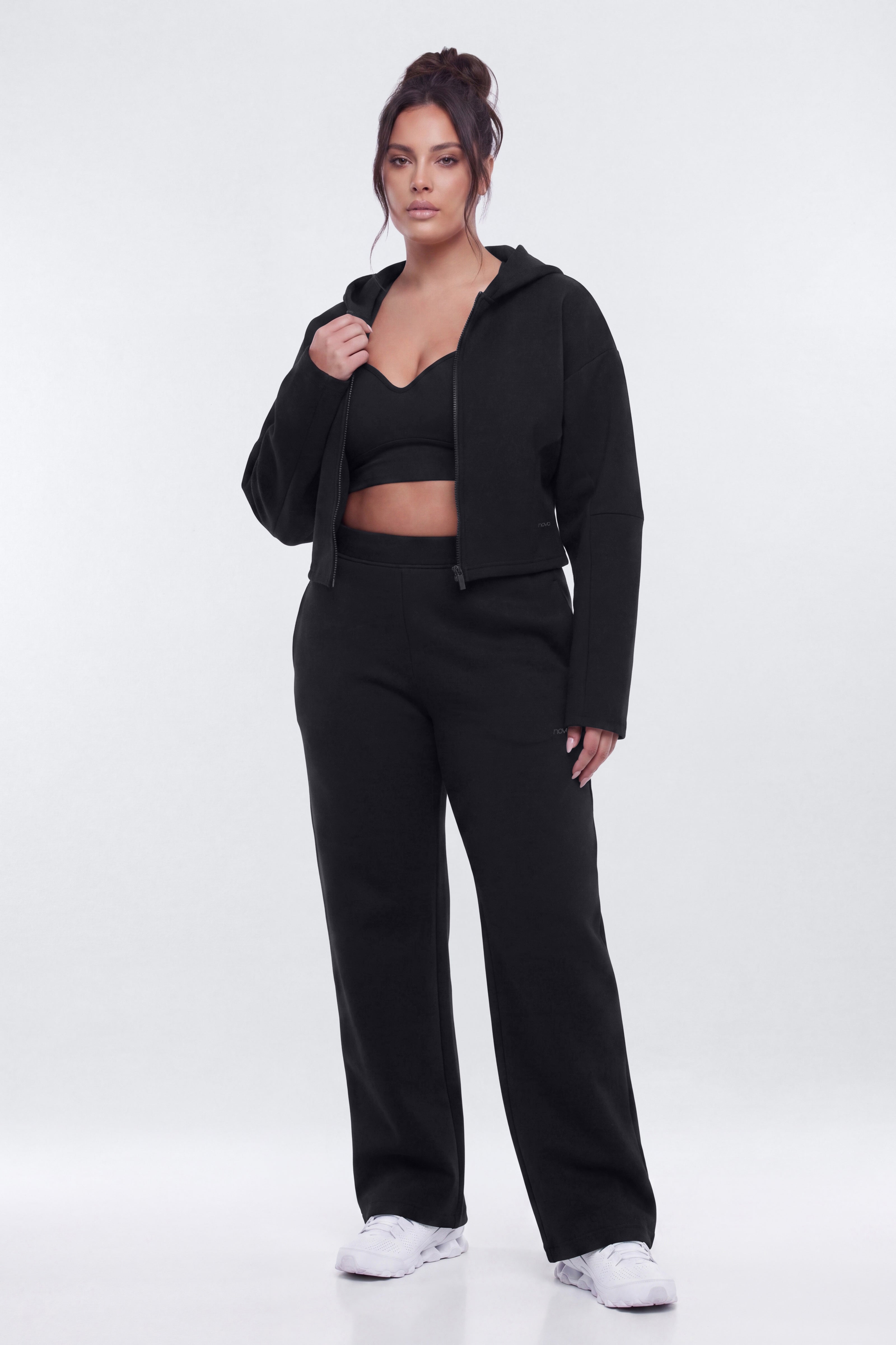 Technical Knit Structured Full Zip Hooded Jacket - Black