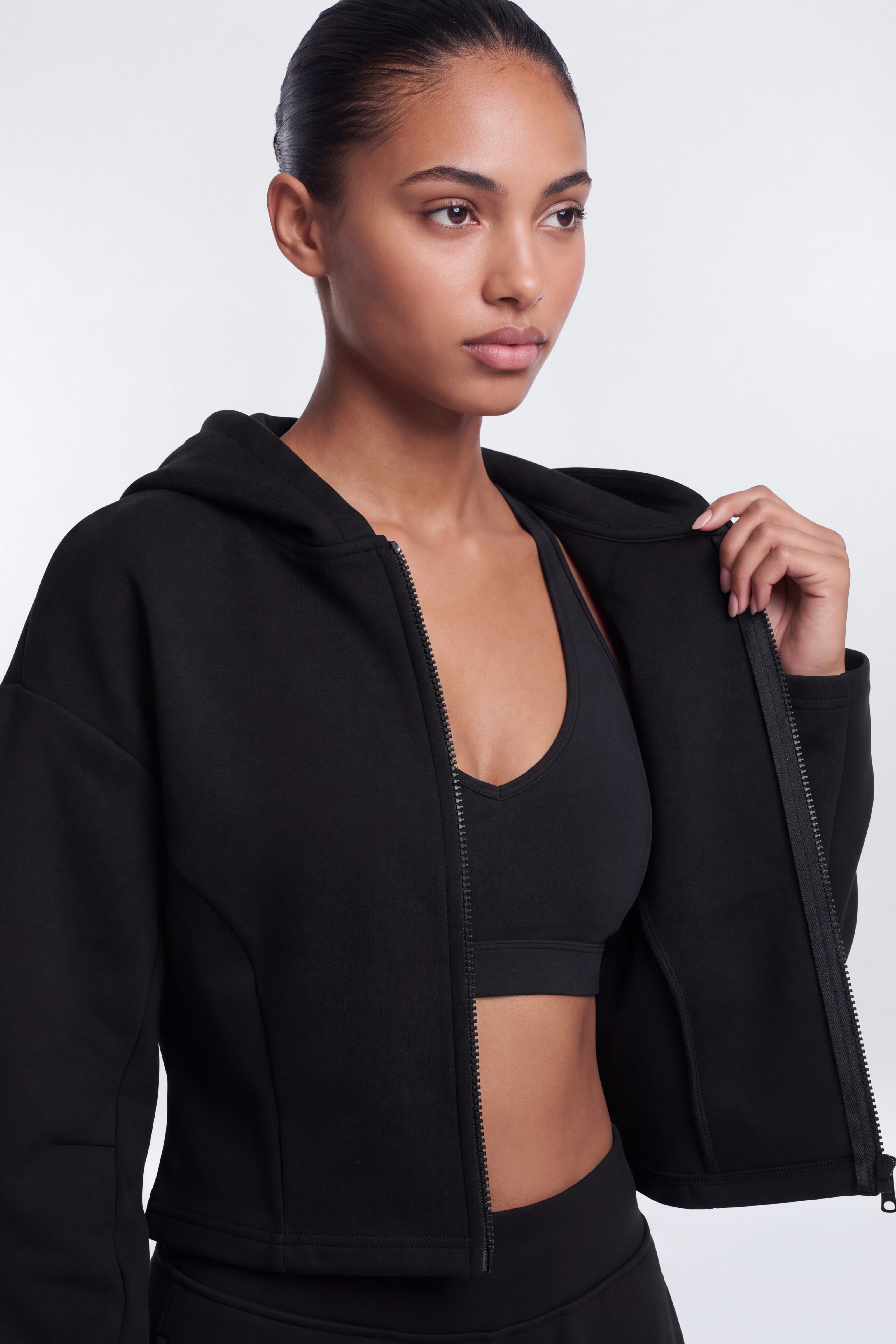 Technical Knit Structured Full Zip Hooded Jacket - Black