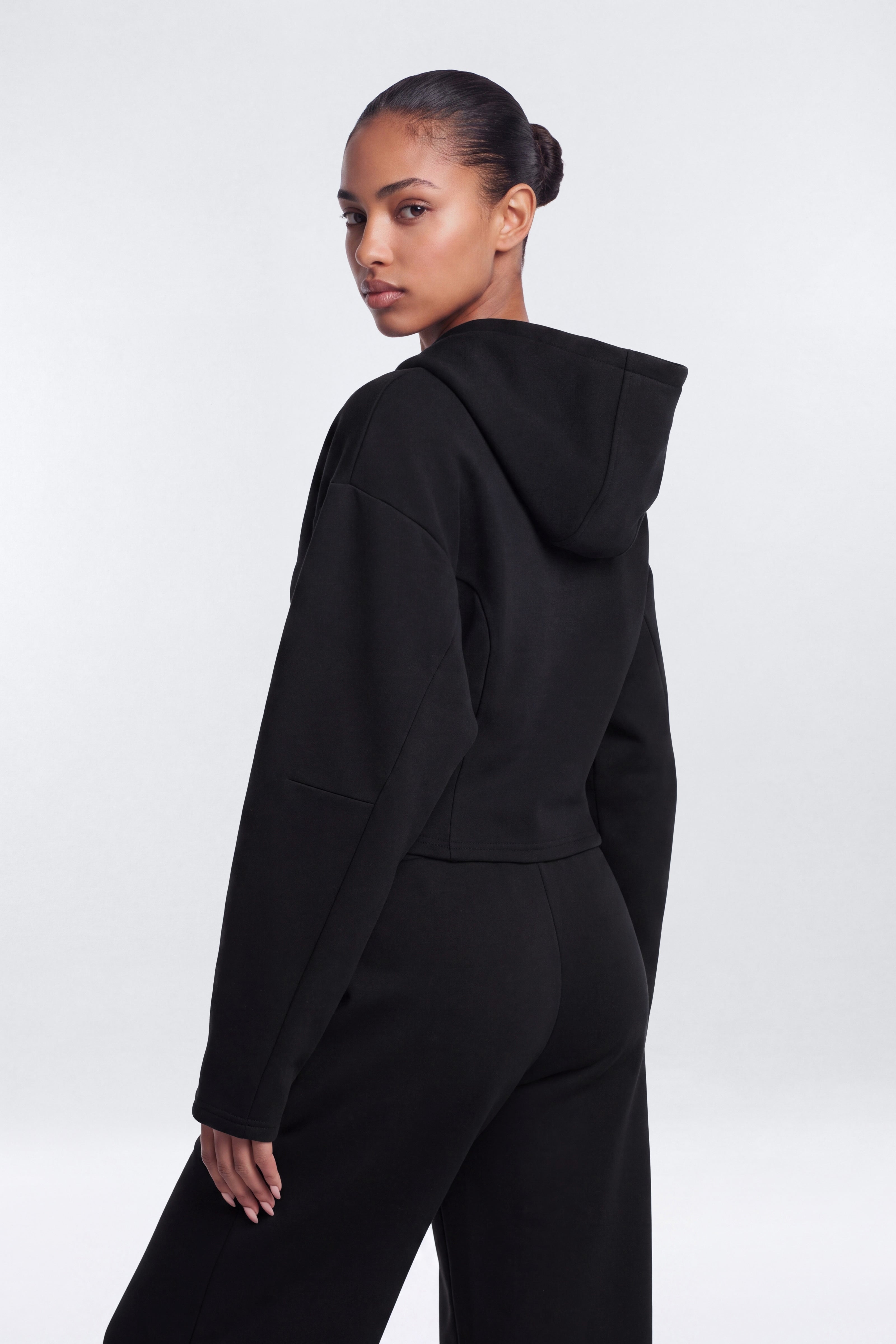 Technical Knit Structured Full Zip Hooded Jacket - Black