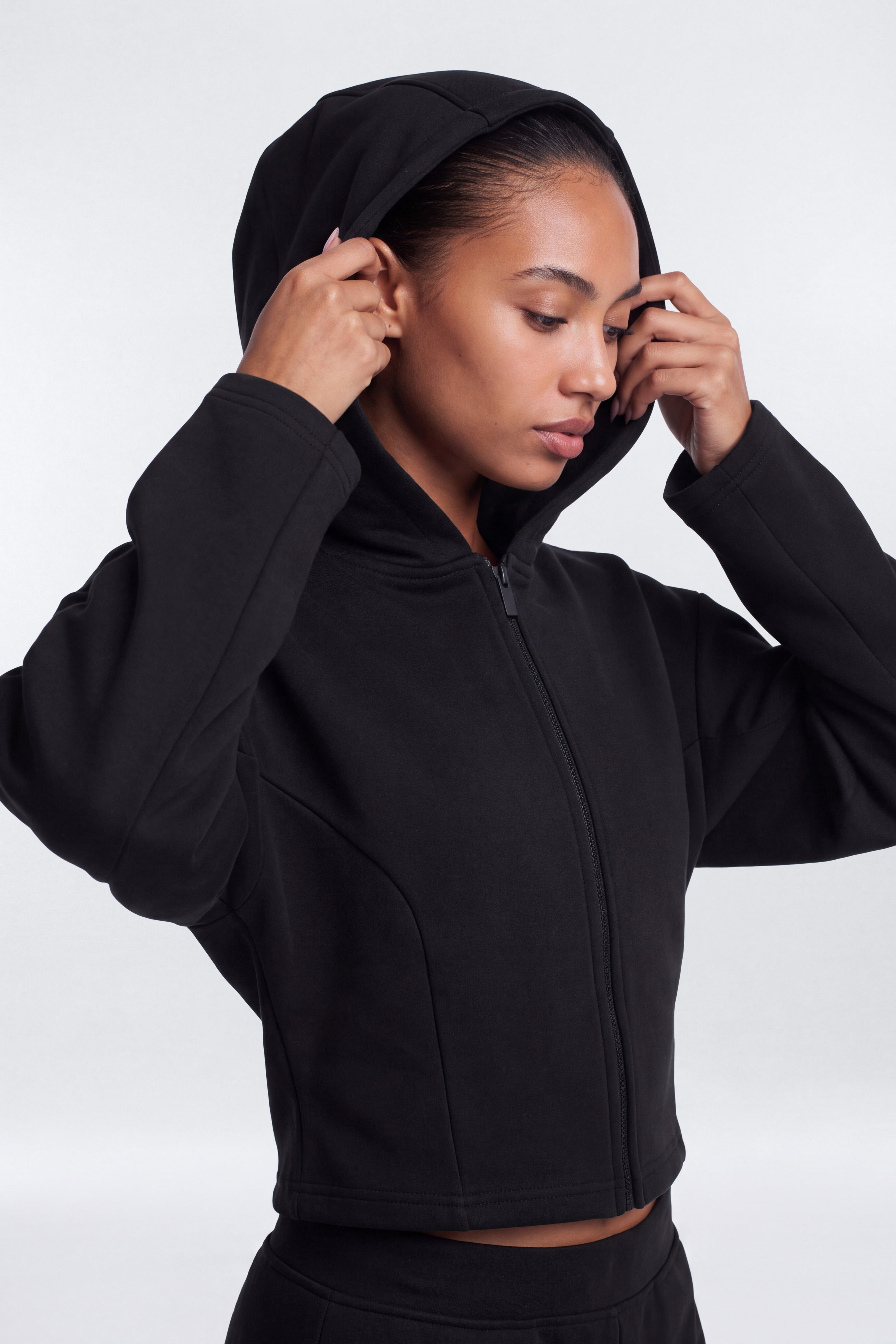Technical Knit Structured Full Zip Hooded Jacket - Black