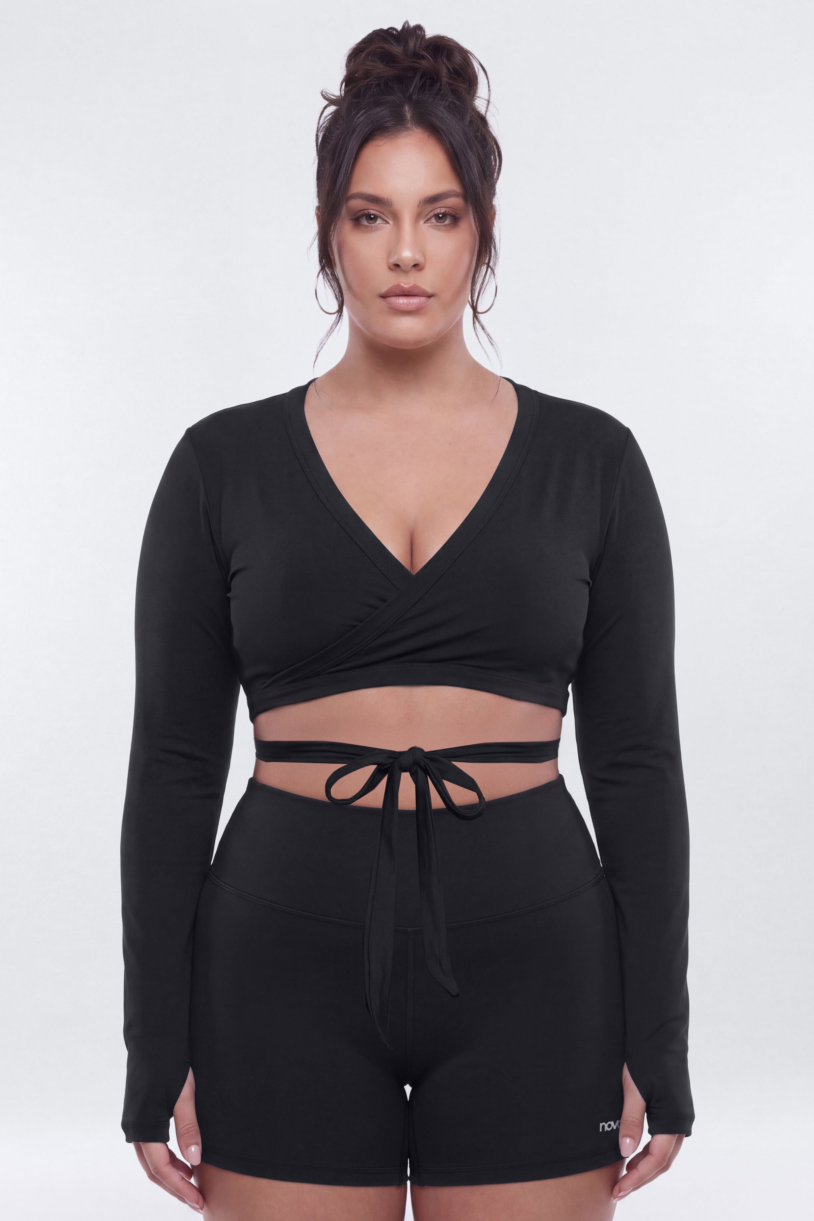 Active Sport Mesh Long Sleeve Wrap Top - Black
