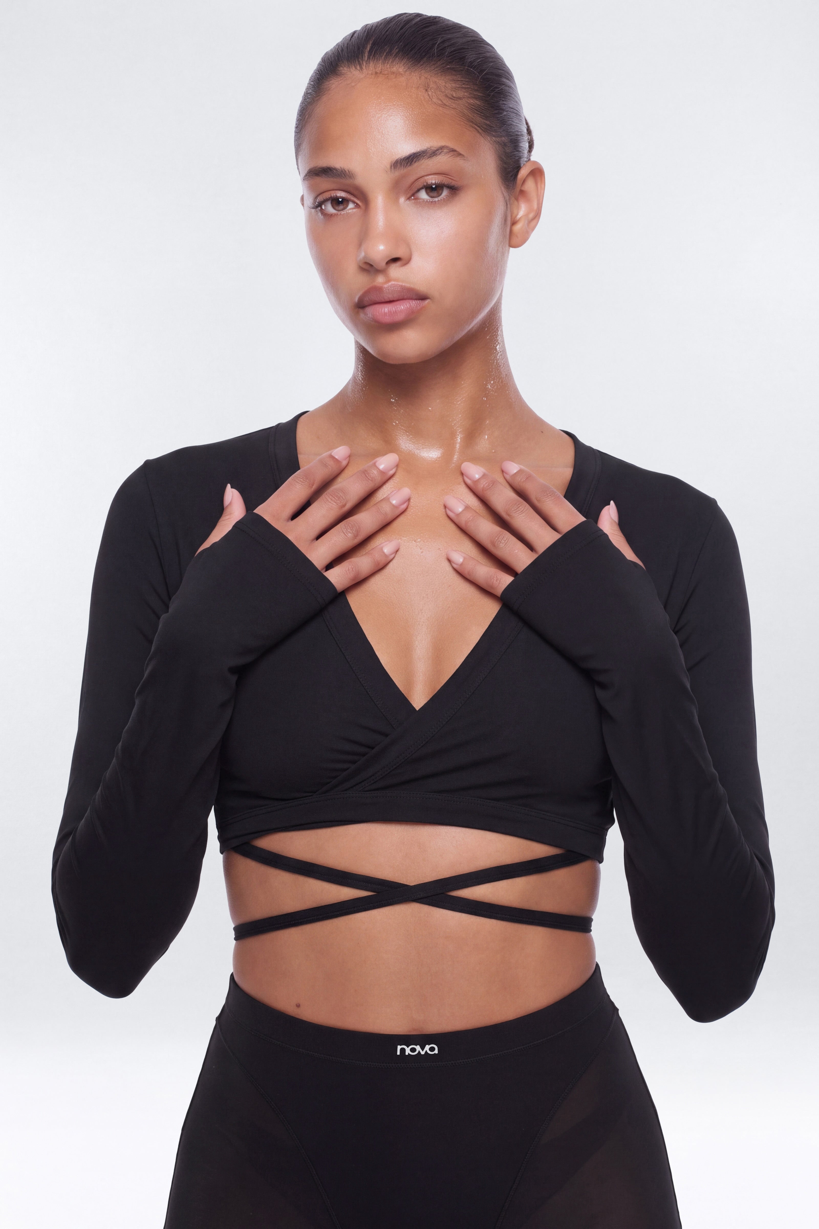 Active Sport Mesh Long Sleeve Wrap Top - Black